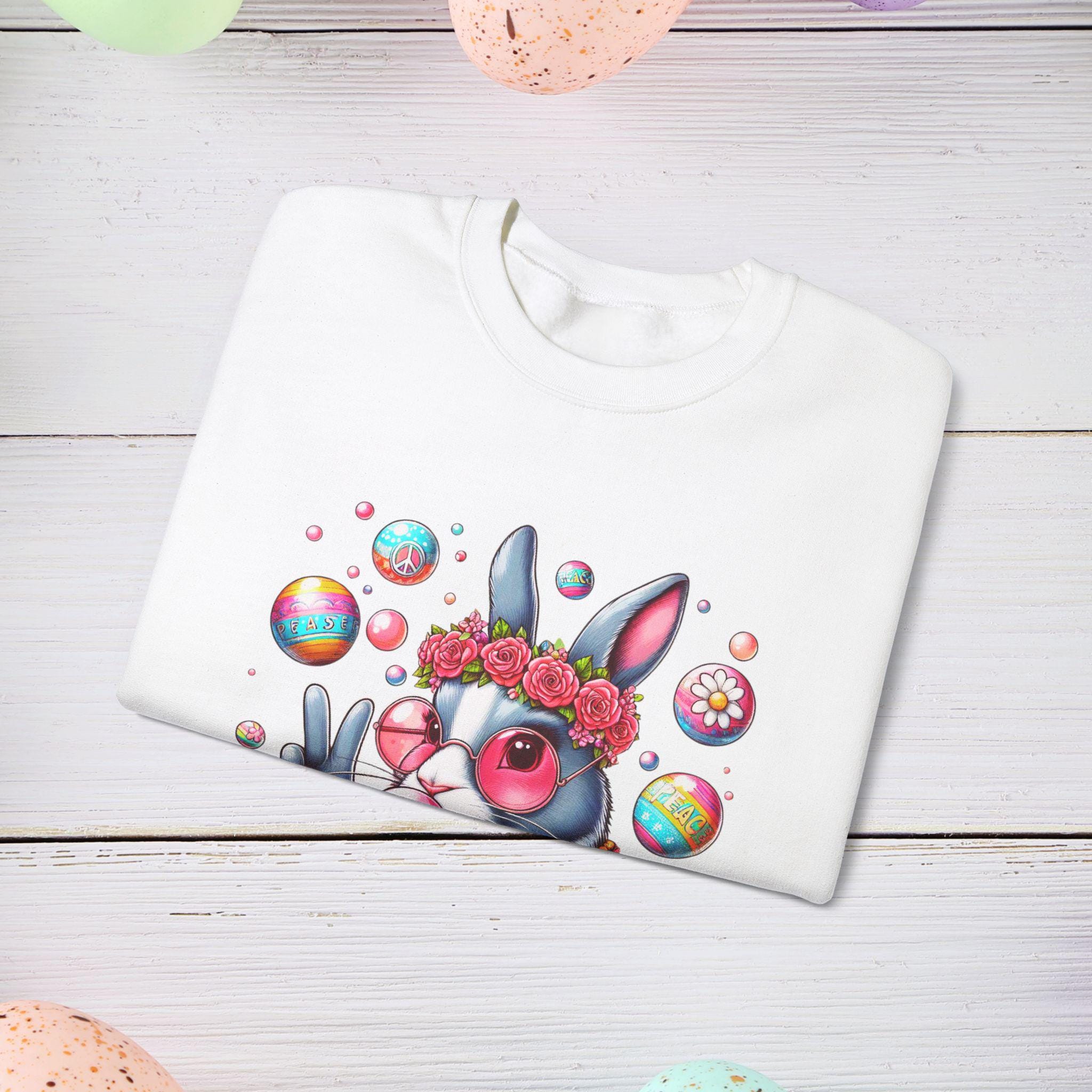 Osterhase Sweatshirt, Süßer Tier Hippie Peace Sign Pullover, Unisex Crewneck, Ostergeschenk, Frühlingspullover, Hasenpullover, Ostershirt