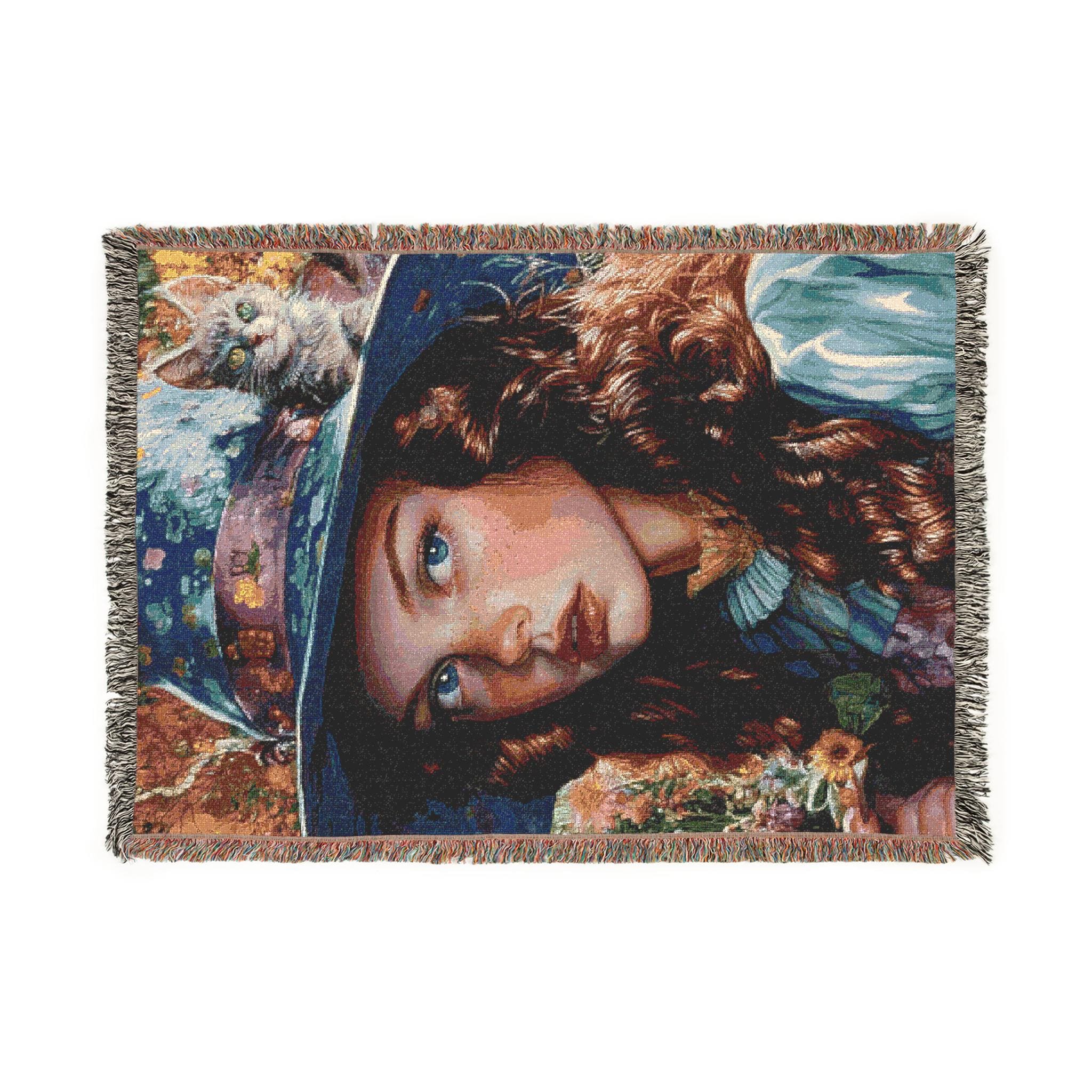 Woven Blanket, wondeland  Parody, Mad Hatter Fantasy Forest, Vibrant Whimsical Throw, Psychedelic Mushroom Art, Colorful Blankie, Blue Hat