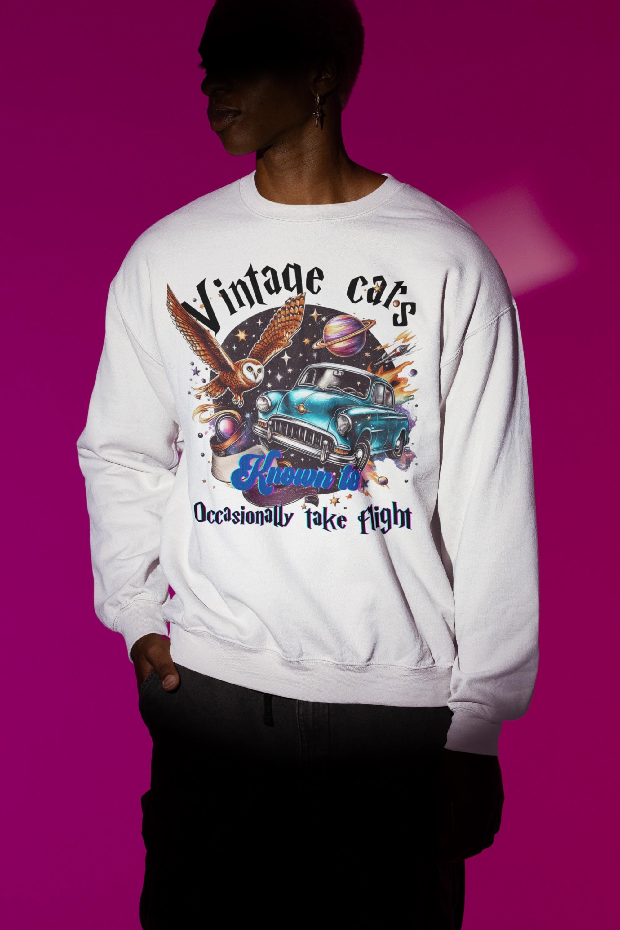 Vintage Magic Flying Cars Sweatshirt, Retro Unisex Pullover Jumper, Flying Vehicles Design, Harry Potter Fans Gift, Cozy Graphic Sweater,