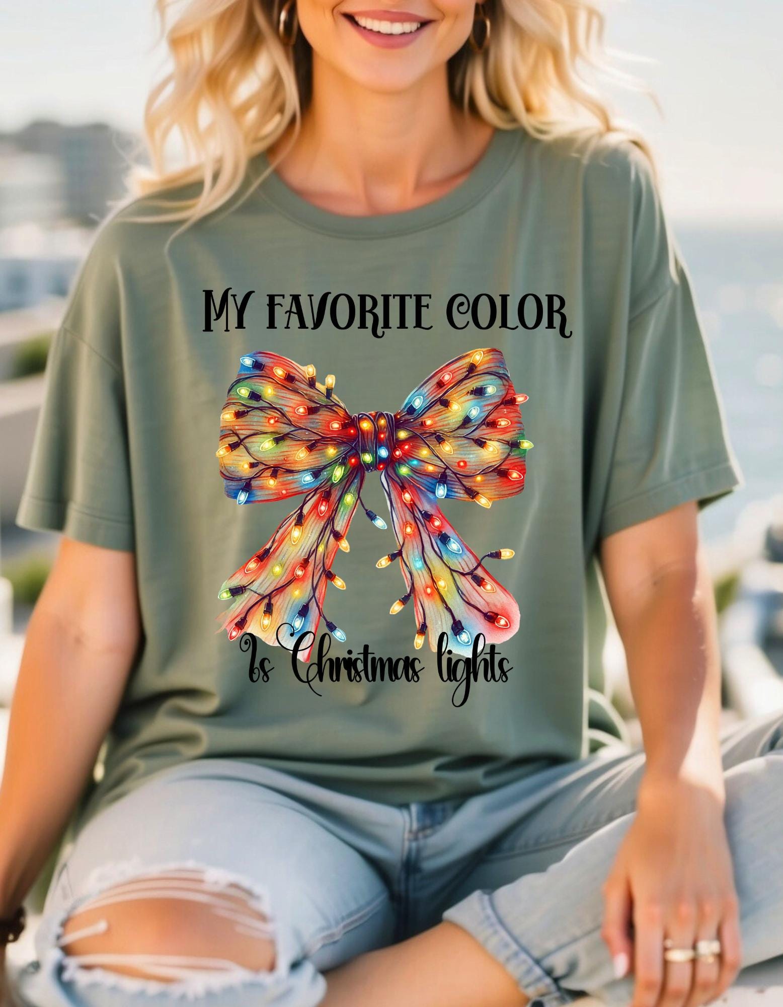 Personalizable My Favorite Color is Christmas Lights Festive Bow T-Shirt - Fun and Cheerful Holiday Apparel