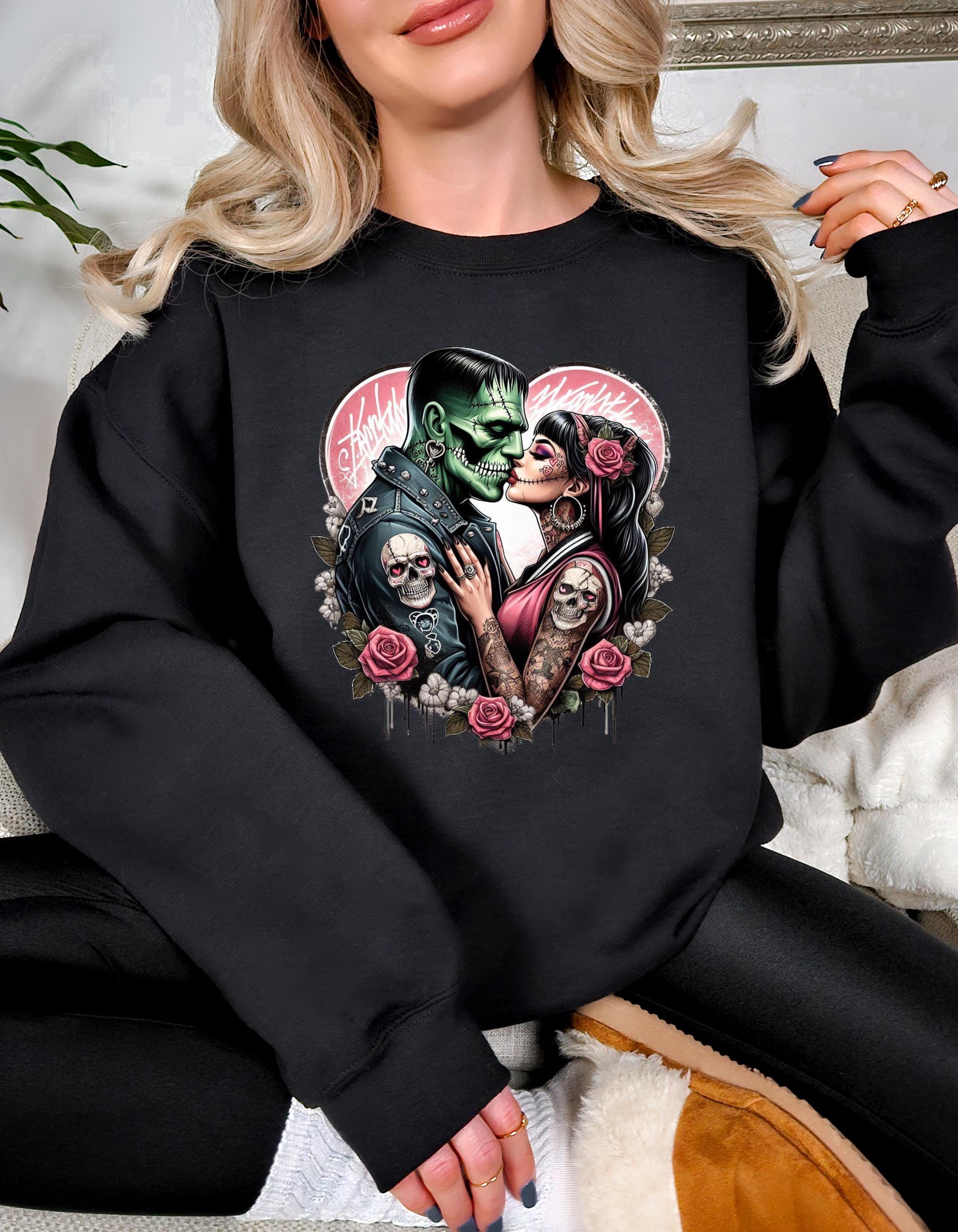 Personalizable Frankenstein & Bride Sweatshirt - Gothic Romance Pullover - Unisex Halloween Apparel - Cozy Fall Wear