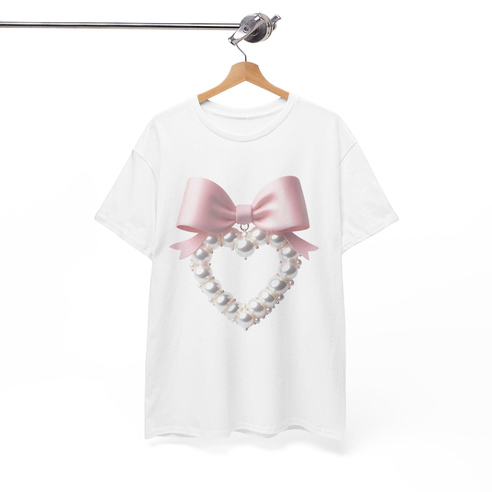 Personalizable Coquette Pearl Heart Sweater, Cute Pearl Aesthetic Shirt, Custom White Bow Tee, Unisex Cotton Top, Coquette Bow Sweater