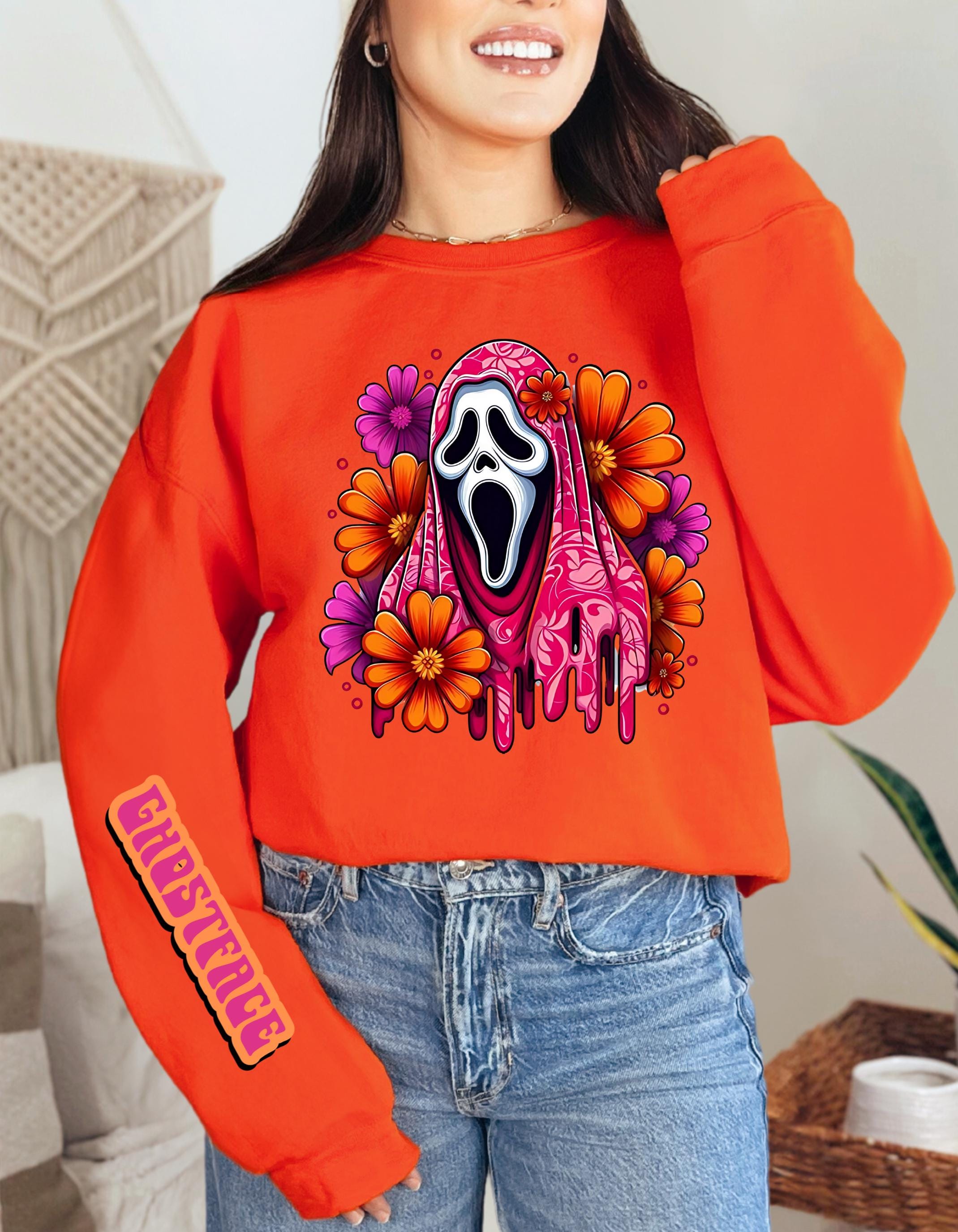 Personalizable Boho Ghost Sweatshirt - Halloween Hippie Horror Pullover with Floral GhostfSweatshirt