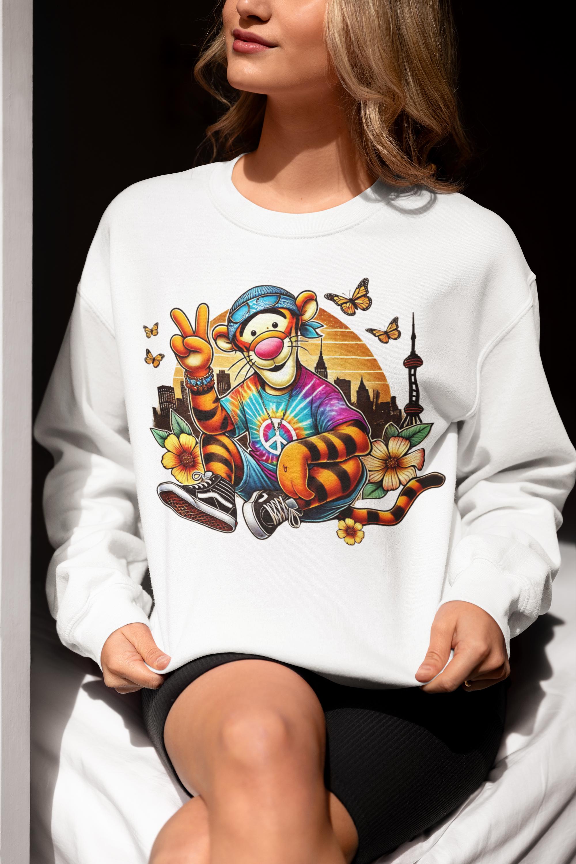 Tie Dye Tiger Sweatshirt, Unisex Crewneck Jumper, Storybook Character Parody Pullover, Unique Gift for Animal Lovers, Colorful Graphic Top,