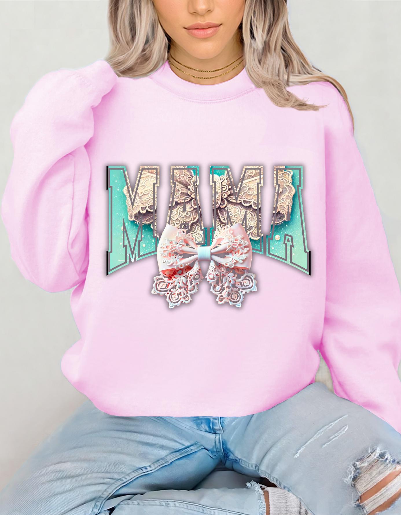 Personalizable Collegiate Font Mama Mom Gift Unisex Sweatshirt, Mother's Day Coquette Bow Design, Cute Crewneck Jumper, Gift for Her