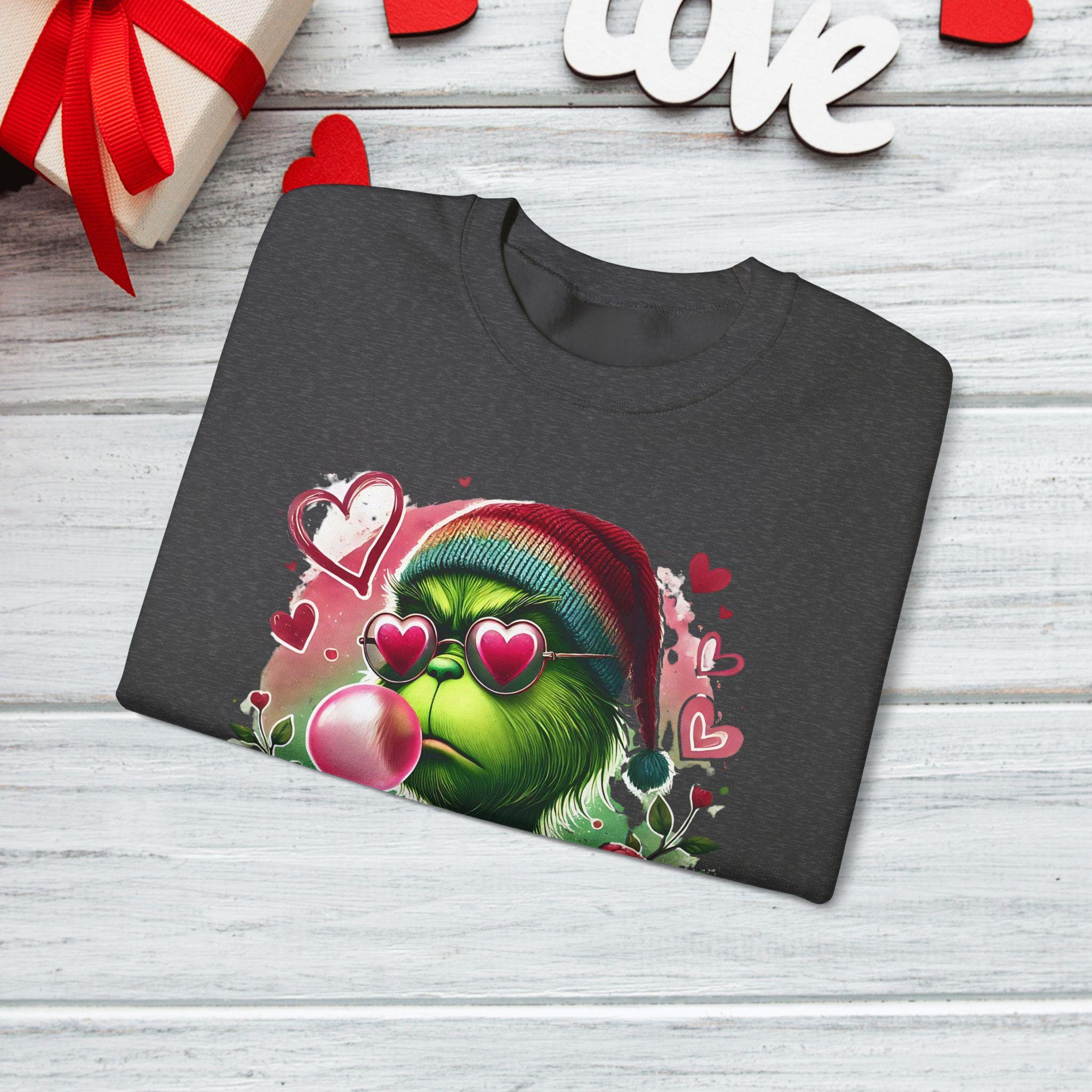 Personalizable Green Monster Valentine's Day Sweatshirt, Bubble Gum, Cute Love Gift, Unisex Crewneck Jumper, Heart Emoji Apparel parody