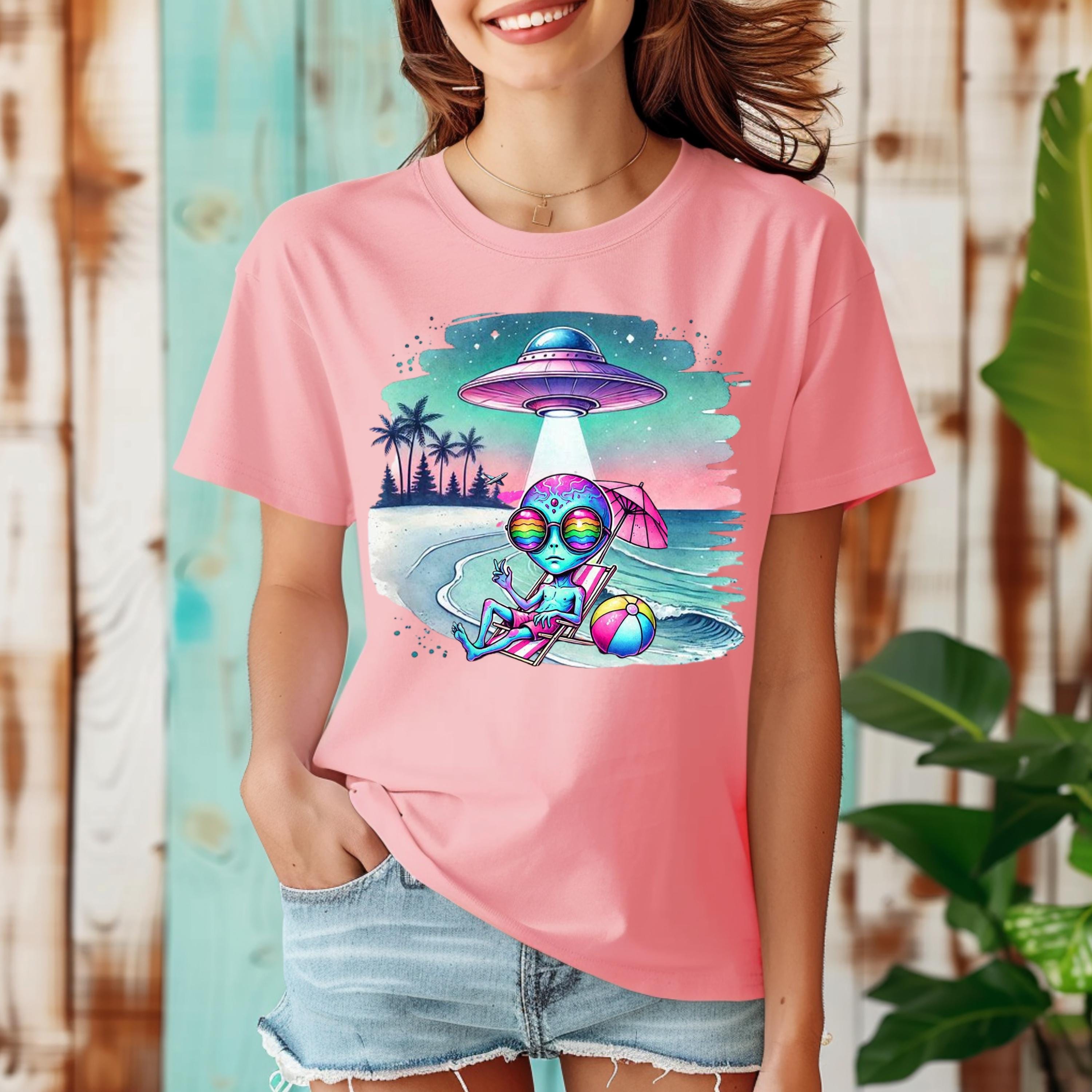 Trippy Alien Unisex T-Shirt, UFO Shirt, Weltraum Strand T-Shirt, Alien Liebhaber Geschenk, Psychedelisches Grafik Top