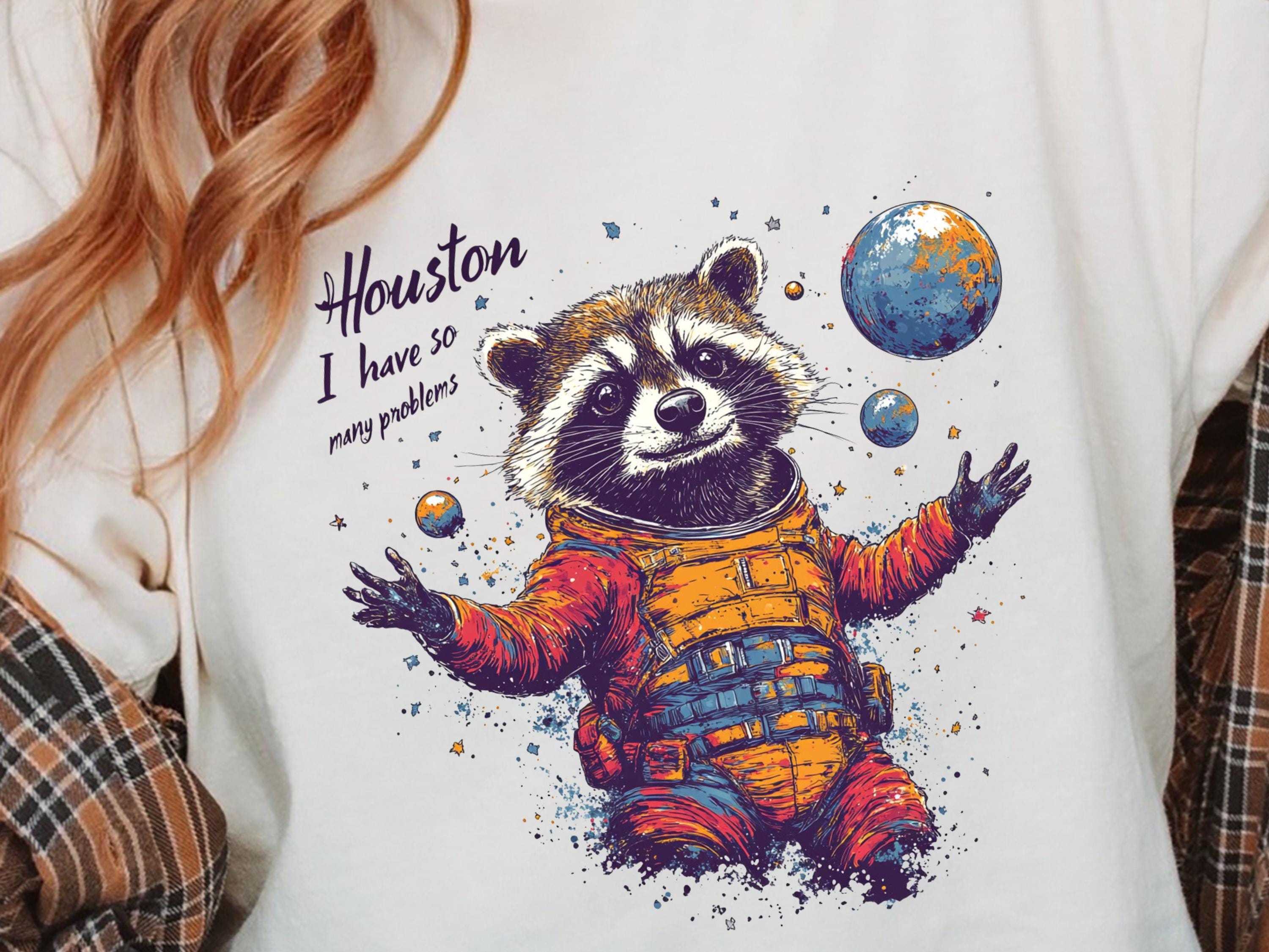 Houston I Have Many Problems Raccoon Tee, Funny Graphic T-Shirt, Unisex Cotton Shirt, Cute Animal Top, Space Humor Gift, Astronomy Lover