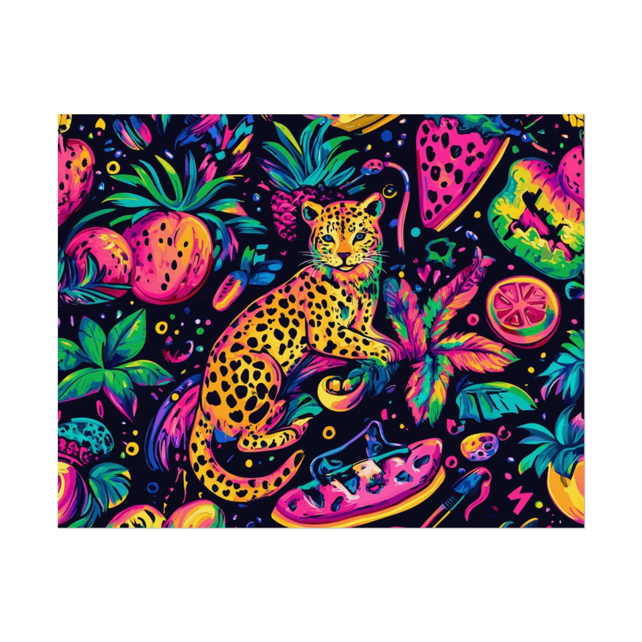 Poster Print, 90s Neon Leopard Geometric Pattern Fruit Summer Maximalist Wall Art, Rolled Posters, Home Decor, Room Decor, Dorm Decor, Gift