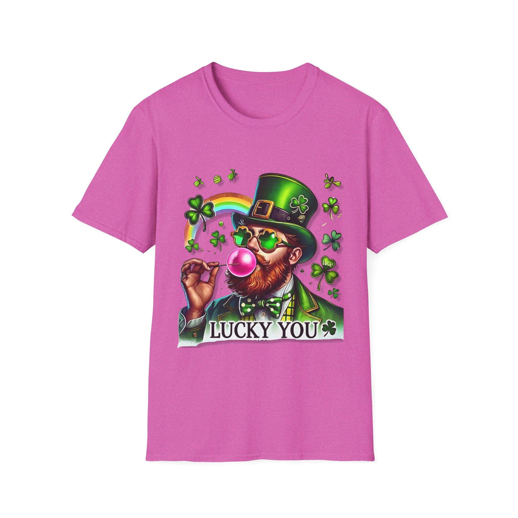 St Patrick's Day Leprechaun Bubble Gum Unisex Softstyle T-Shirt - Lucky Charm Tee, Irish Green Tshirt, Shamrock Top, March 17 Shirt, St