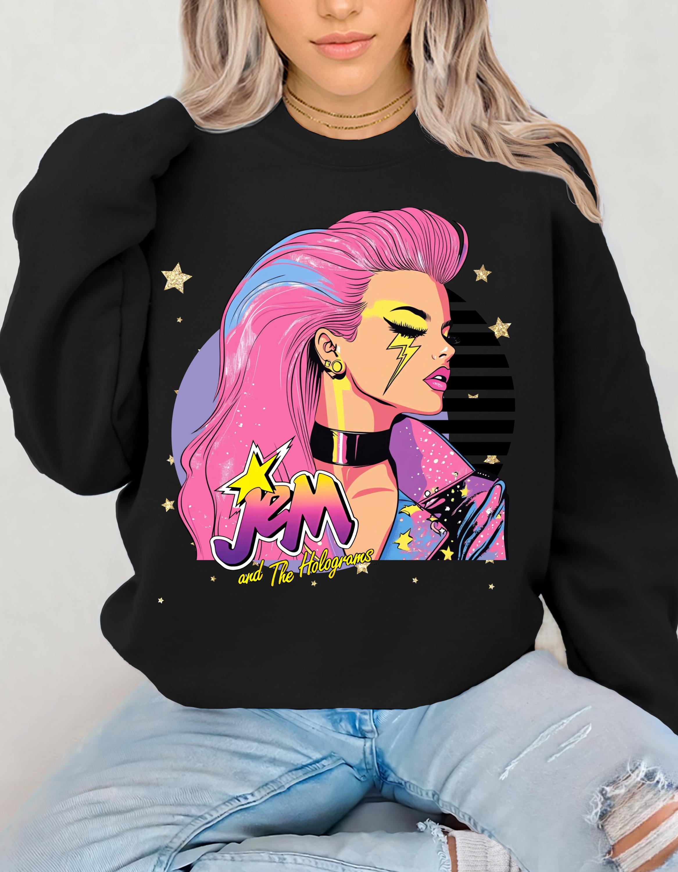 80er Cartoon Parodie Unisex Sweatshirt, Jem and Friends Parodie, Retro Crewneck Pullover für Männer und Frauen, Lustiges Cartoon Print Top, Geschenk für die 80er