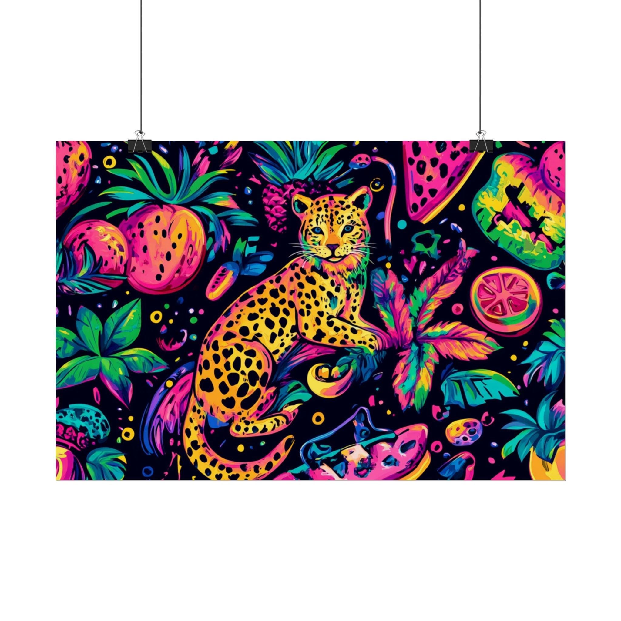 Poster Print, 90s Neon Leopard Geometric Pattern Fruit Summer Maximalist Wall Art, Rolled Posters, Home Decor, Room Decor, Dorm Decor, Gift