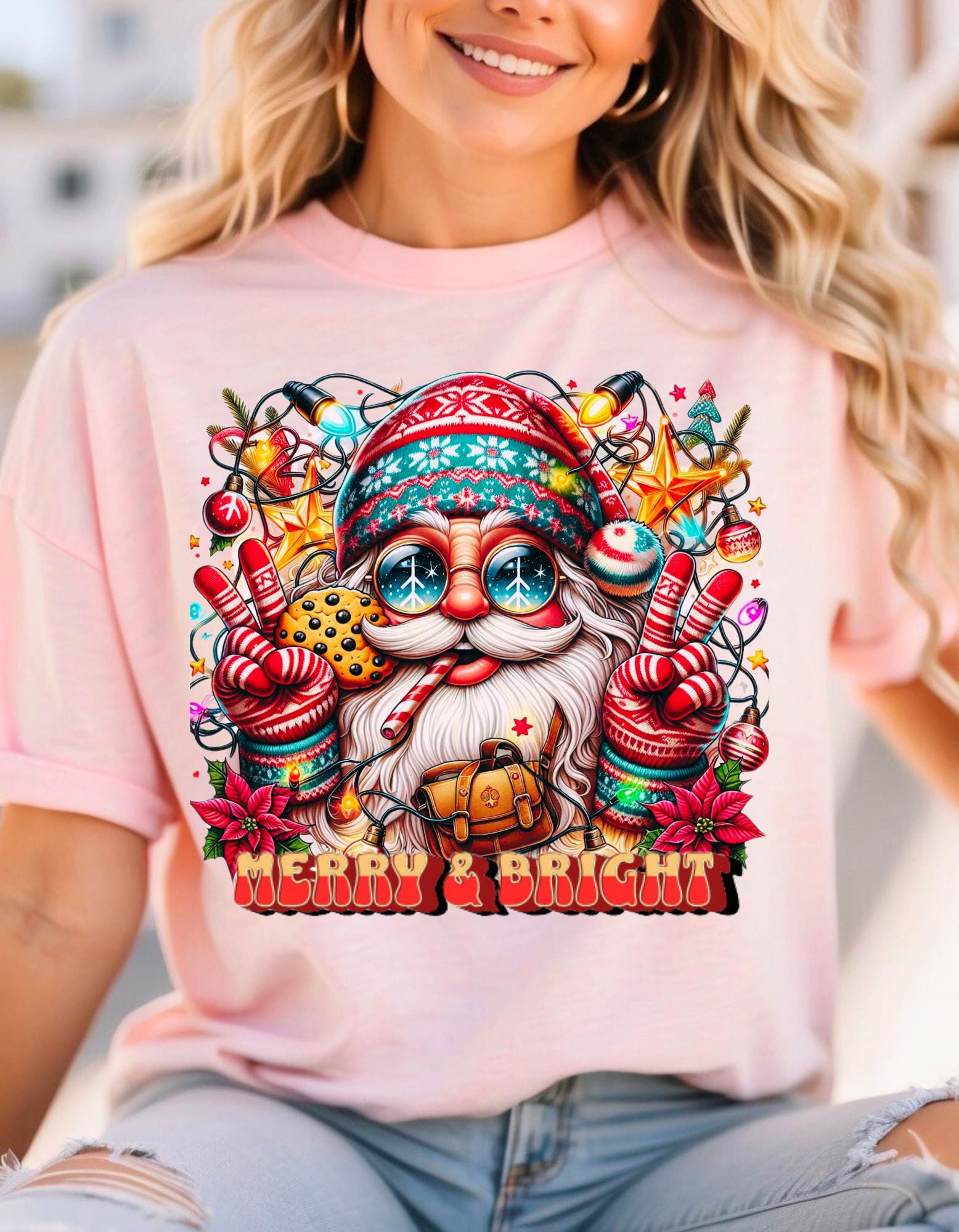 Personalisierbares fröhliches und helles Weihnachtsmann-Hippie-T-Shirt - Festliche Urlaubsbekleidung