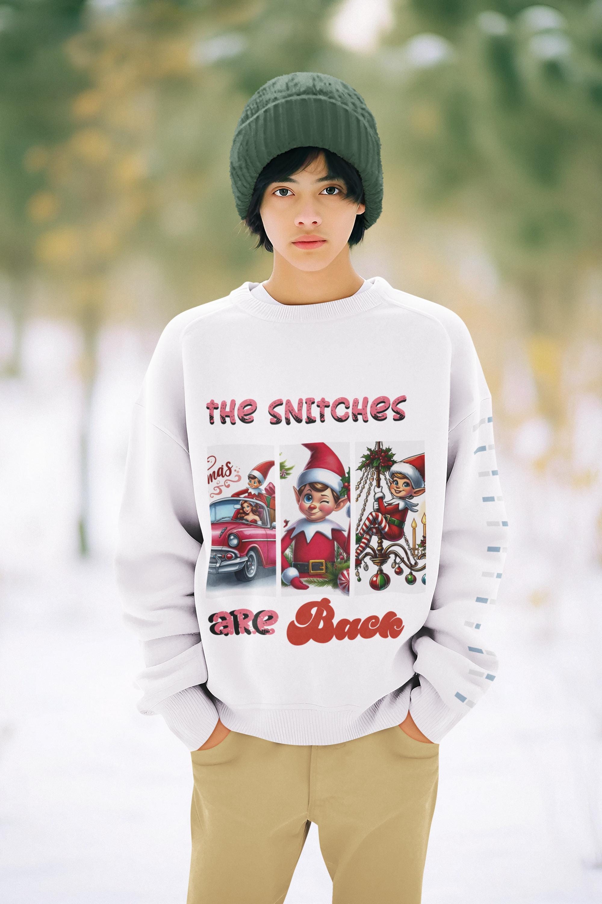 Funny Christmas Elf Parody Youth Crewneck Sweatshirt, Snitches Are Back Winter Jumper, Xmas Holiday Pullover, Kids Novelty Sweater, Secret