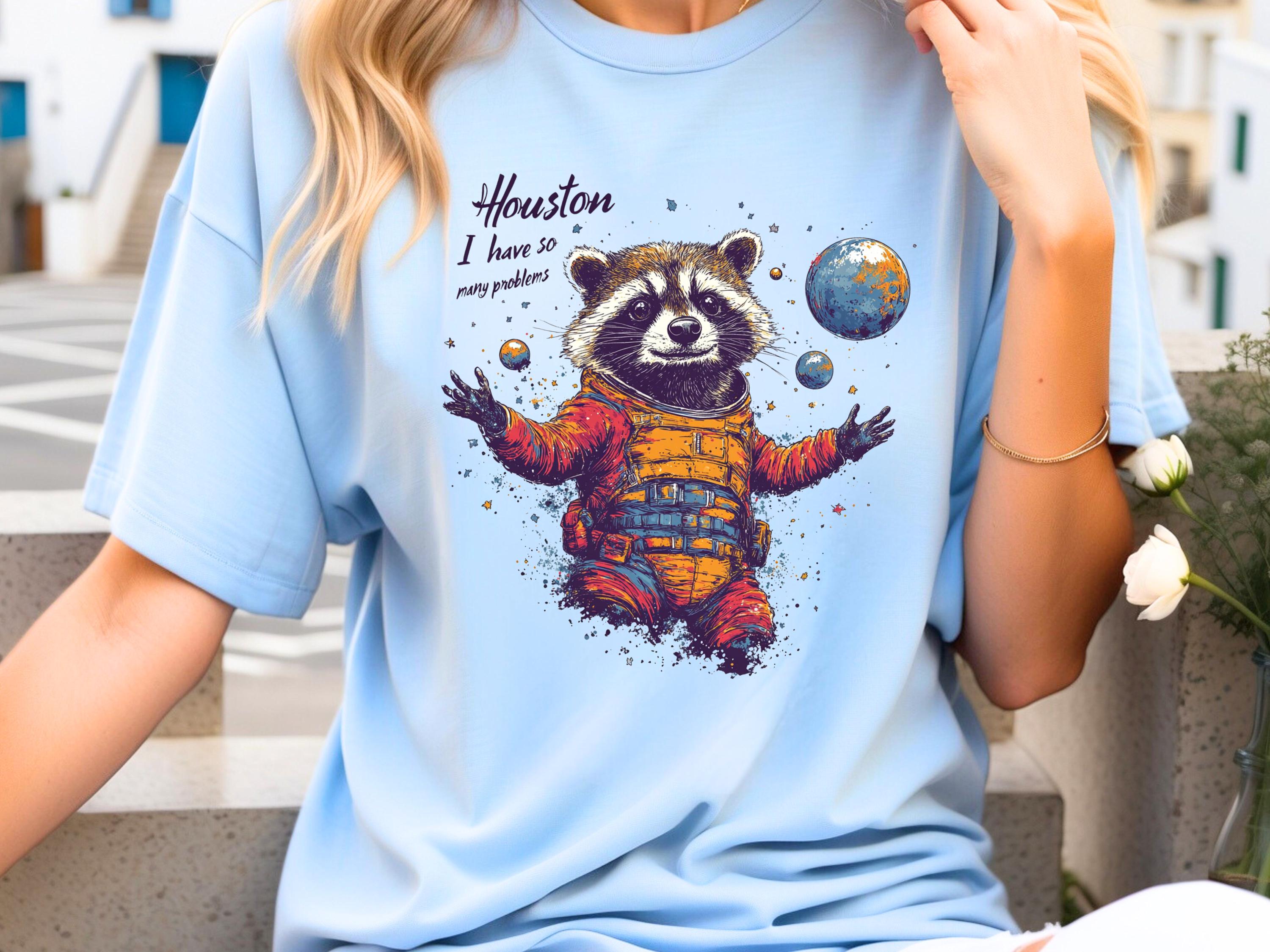 Houston I Have Many Problems Raccoon Tee, Funny Graphic T-Shirt, Unisex Cotton Shirt, Cute Animal Top, Space Humor Gift, Astronomy Lover