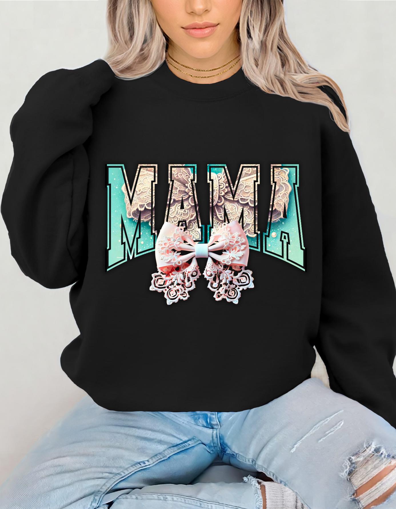 Personalizable Collegiate Font Mama Mom Gift Unisex Sweatshirt, Mother's Day Coquette Bow Design, Cute Crewneck Jumper, Gift for Her