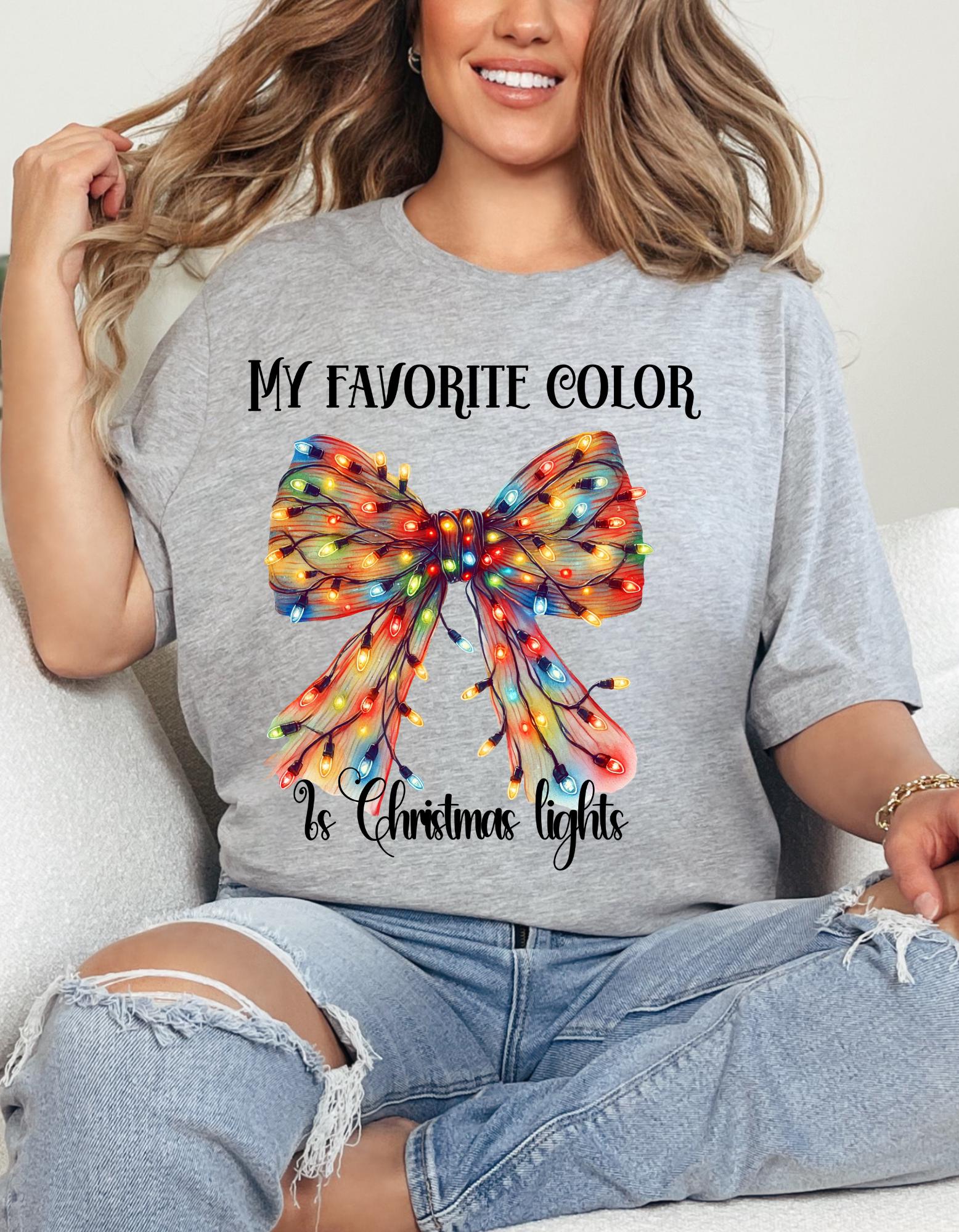 Personalizable My Favorite Color is Christmas Lights Festive Bow T-Shirt - Fun and Cheerful Holiday Apparel