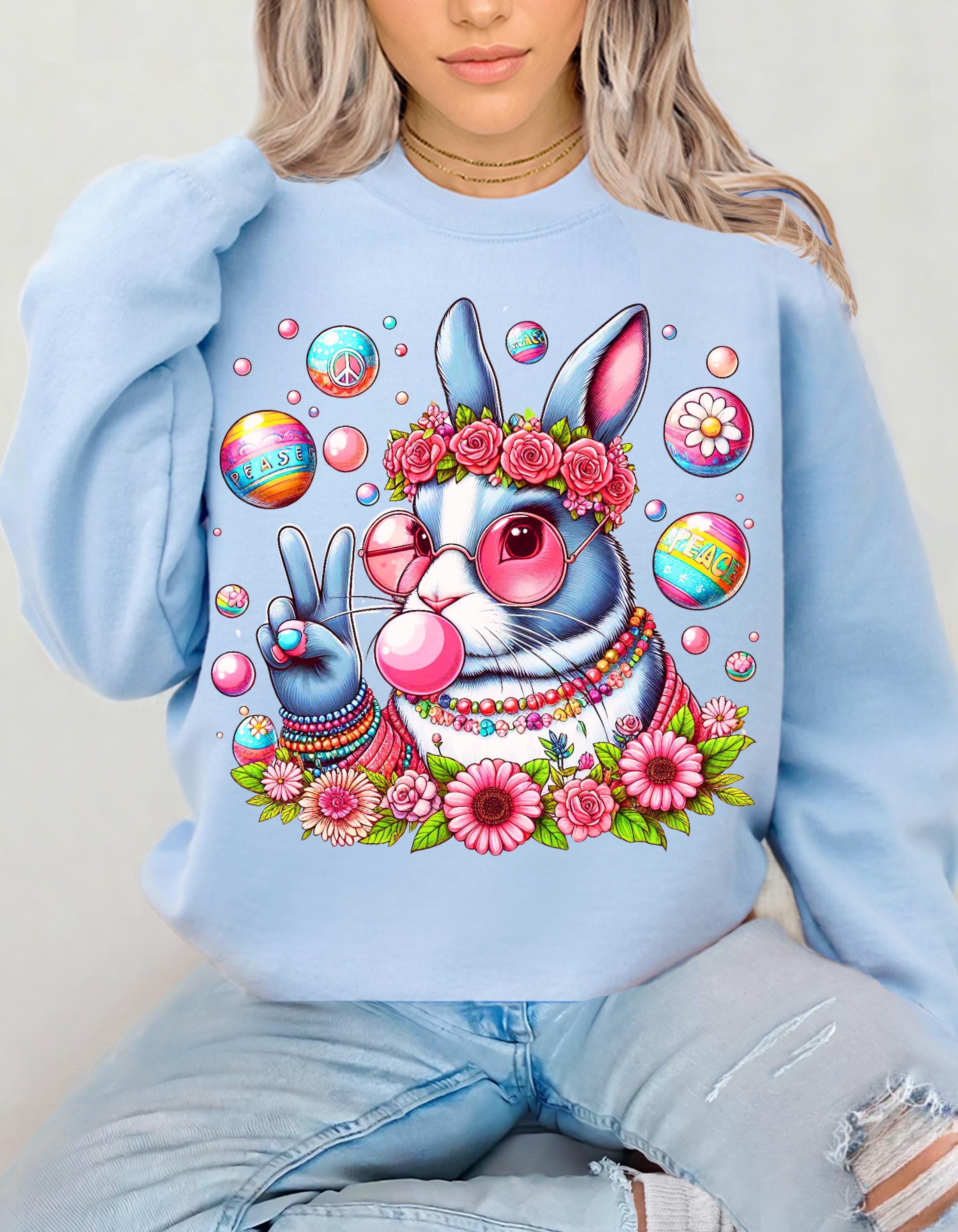 Easter Bunny Sweatshirt, Cute Animal Hippie Peace Sign Jumper, Unisex Crewneck, Easter Gift, Spring Pullover, Rabbit Sweater, Easter Shirt