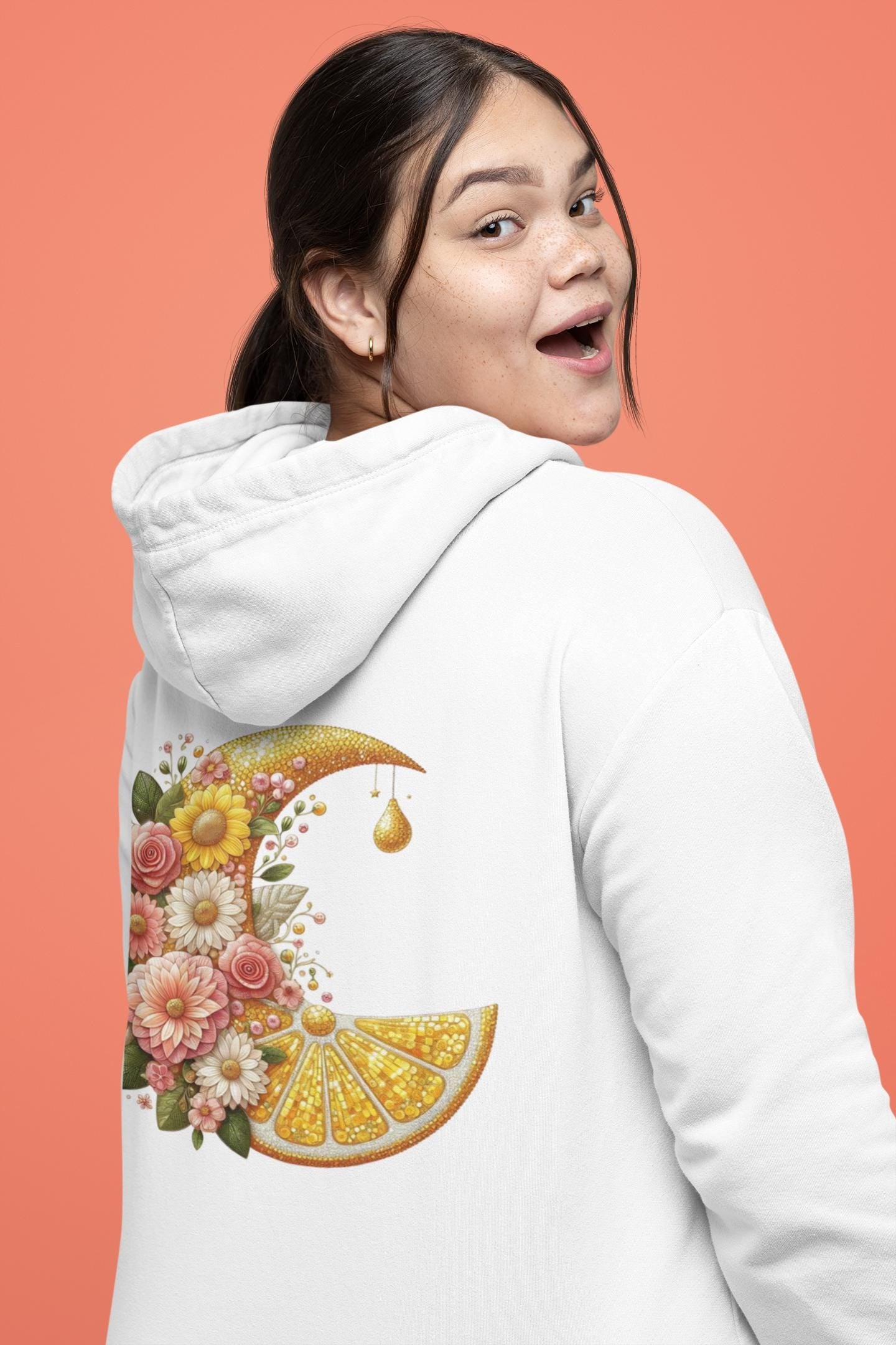 Fruit Hoodie, Lemon Moon Sweatshirt, Gardener's Delight, Unique Gift for Her, Floral Fruit Pattern, Coquette Style, Sequined Art, Rose Gold