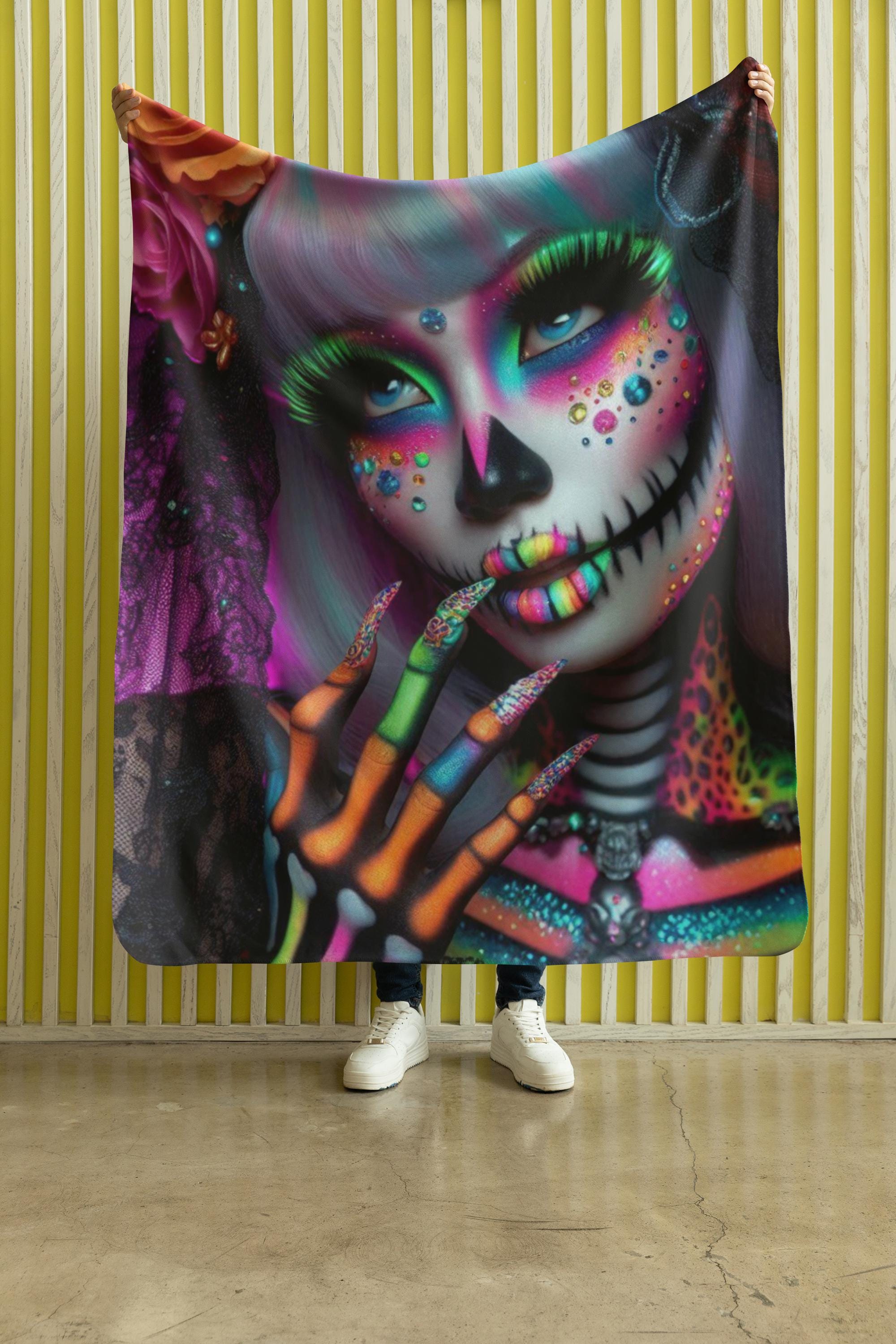 Tag der Toten Neon Skelett Sherpa Fleece Decke, Dia de los Muertos Kuscheldecke, Halloween Dekor, Mexikanische Totenkopf Bettwäsche, Gothic Home