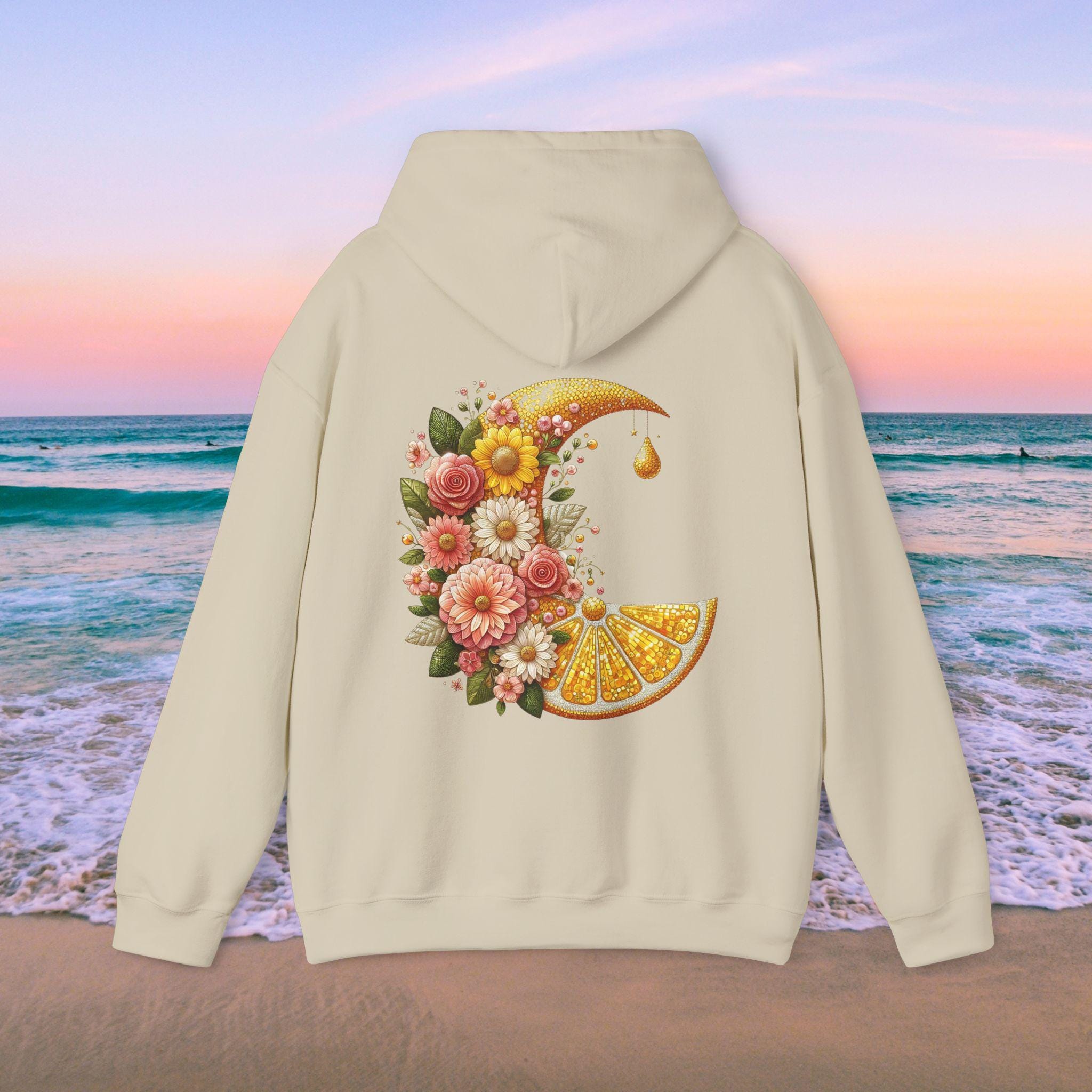 Frucht Hoodie, Lemon Moon Sweatshirt, Gärtnerfreude, Einzigartiges Geschenk für Sie, Florales Obstmuster, Coquette Style, Paillettenkunst, Roségold