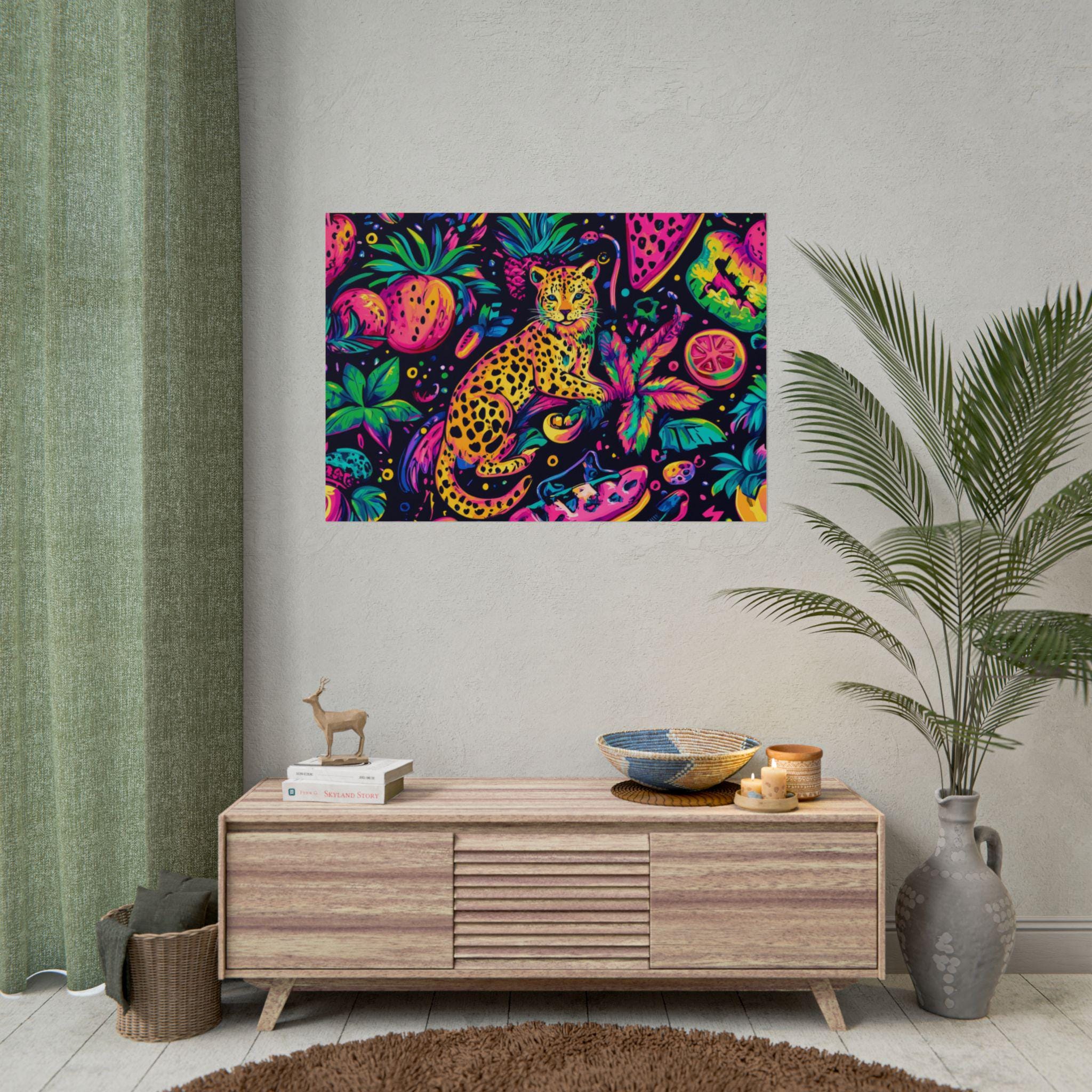 Poster Print, 90s Neon Leopard Geometric Pattern Fruit Summer Maximalist Wall Art, Rolled Posters, Home Decor, Room Decor, Dorm Decor, Gift