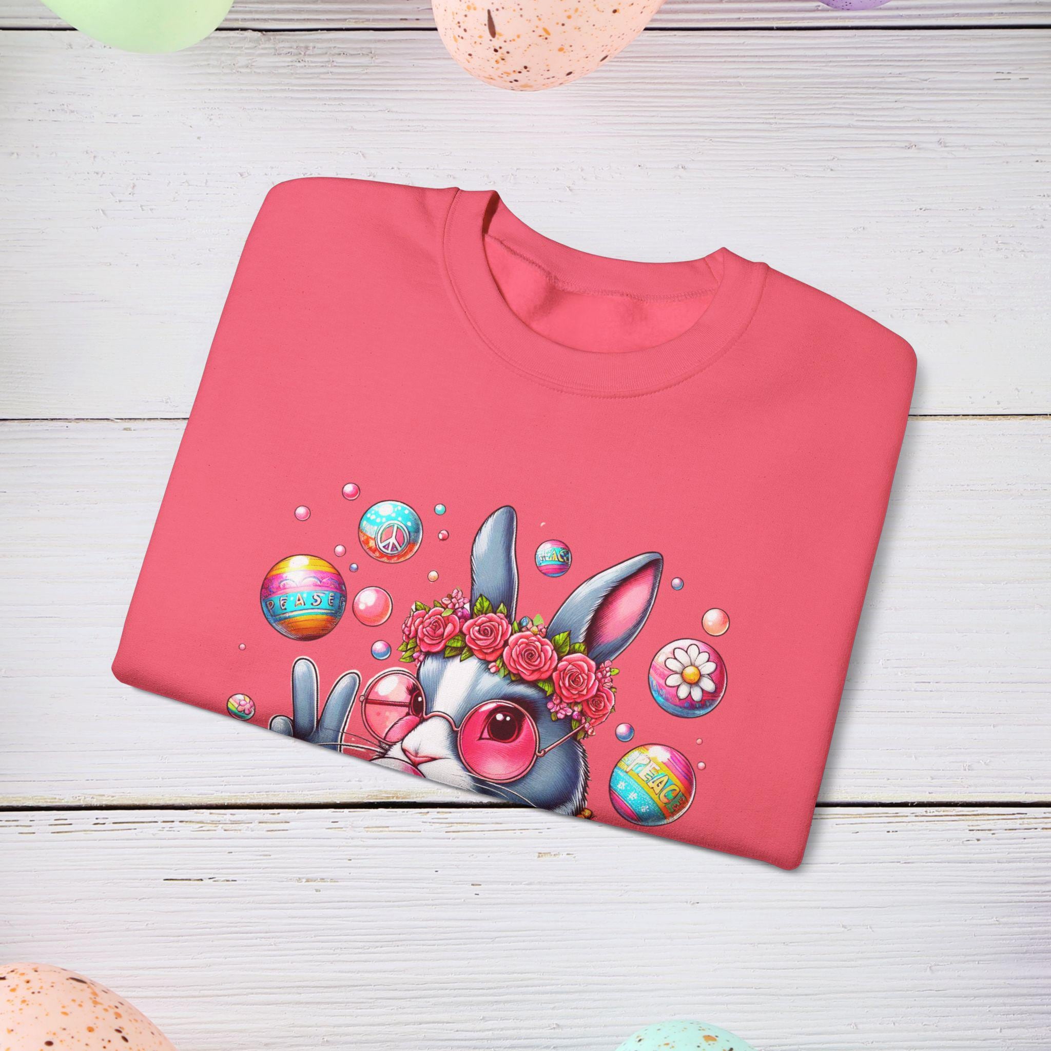 Easter Bunny Sweatshirt, Cute Animal Hippie Peace Sign Jumper, Unisex Crewneck, Easter Gift, Spring Pullover, Rabbit Sweater, Easter Shirt