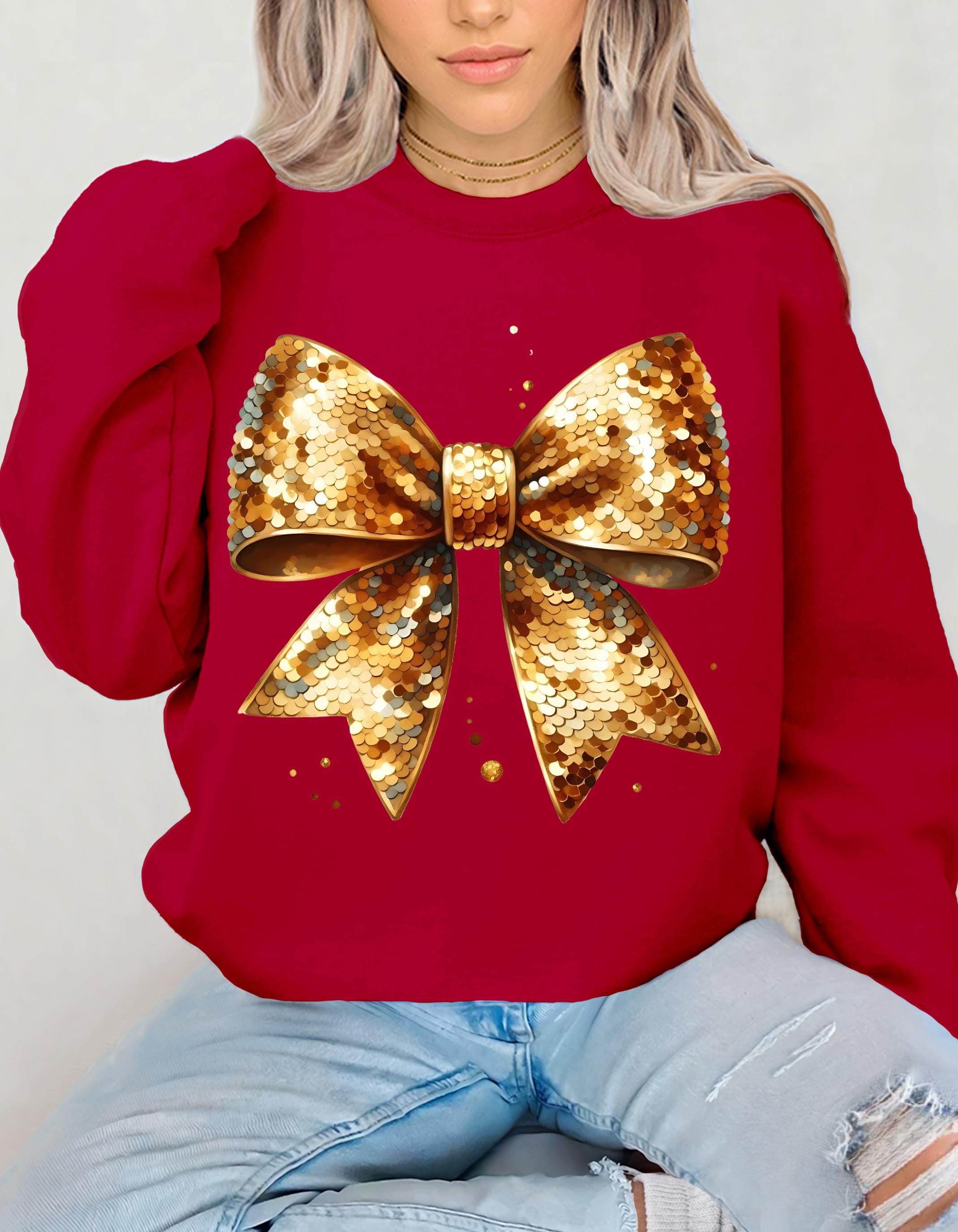 Coquette Gold Bow Sequin Crewneck Sweatshirt for New Year's Party, NYE Sweatshirt, Sparkly Sequin Holiday Sweatshirt, Christmas Sweatshirt,