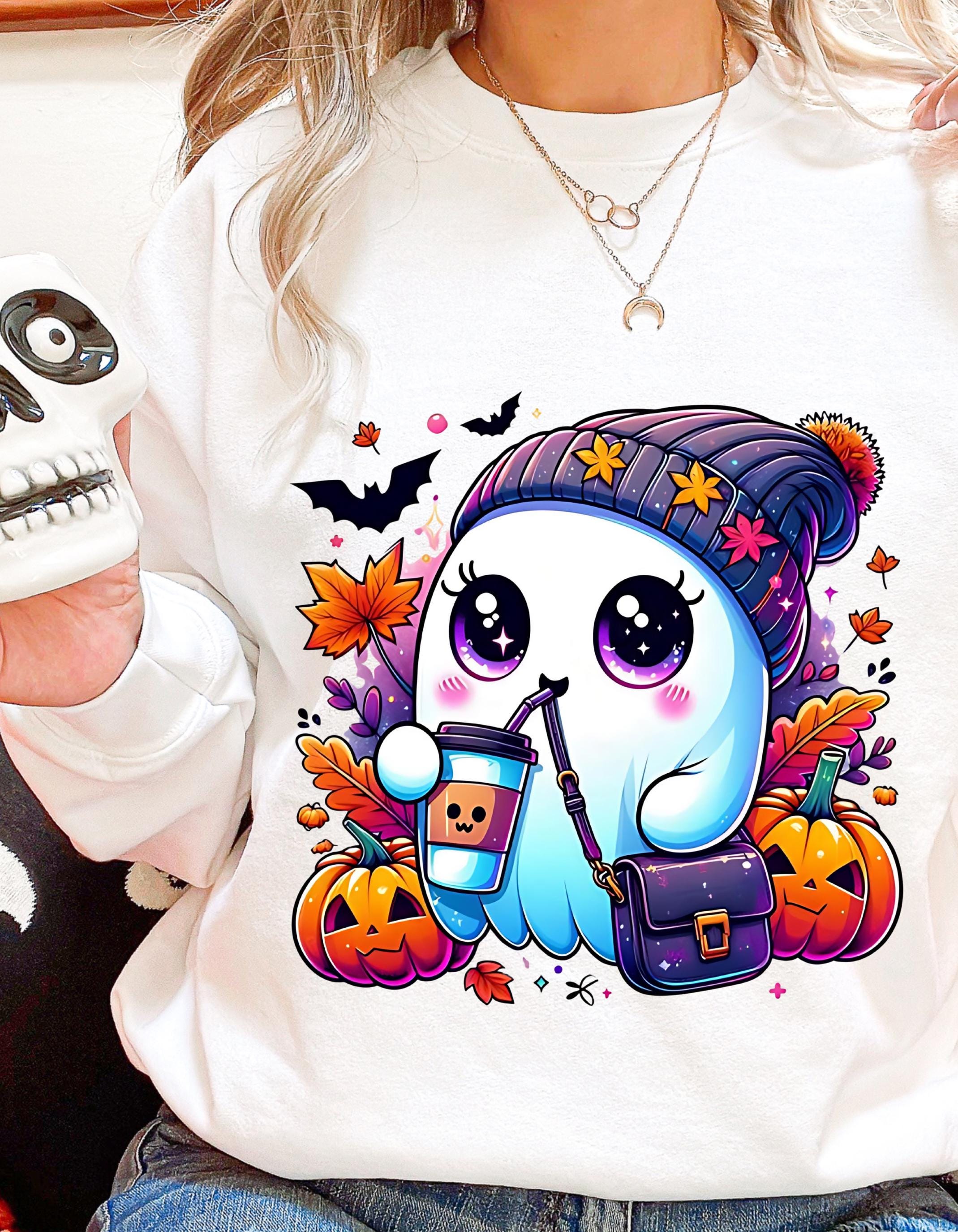 Halloween Ghost Sweatshirt - Cute Autumn Leaves & Pumpkins Crewneck - Fall Season Casual Pullover - Perfect Gift for Halloween Party