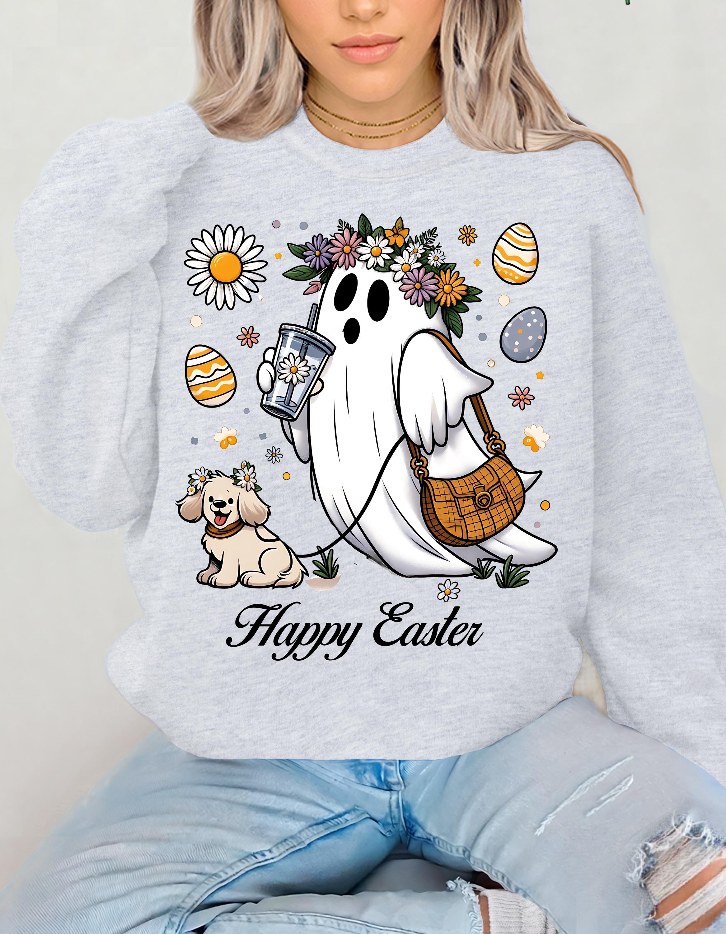 Happy Easter Ghost & Dog Sweatshirt, Unisex Crewneck, Frühlings-Urlaubs-Sweatshirt, Süßes Ostergeschenk, Gemütliche Osterbekleidung, Tierliebhaber Hoodie