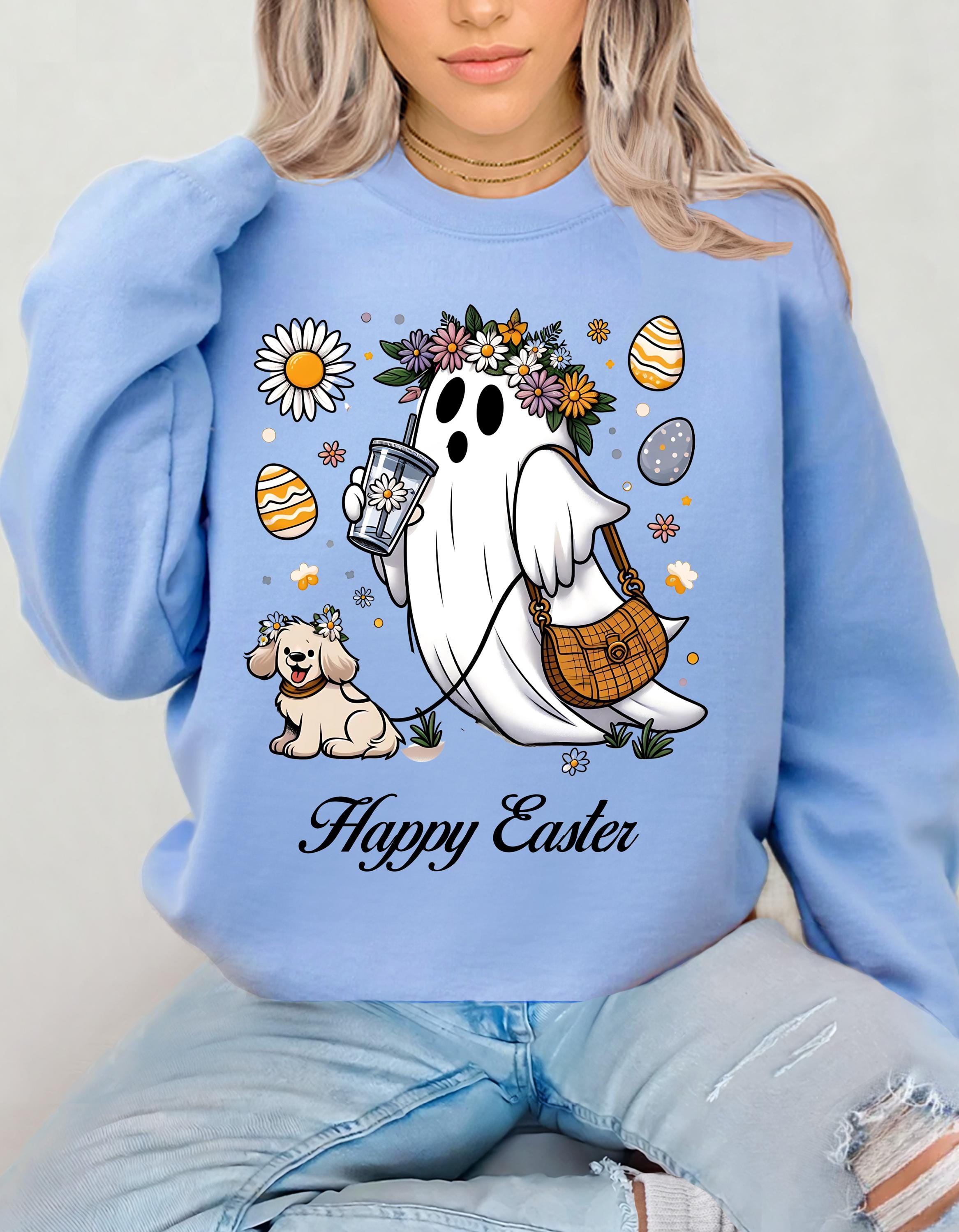 Happy Easter Ghost & Dog Sweatshirt, Unisex Crewneck, Frühlings-Urlaubs-Sweatshirt, Süßes Ostergeschenk, Gemütliche Osterbekleidung, Tierliebhaber Hoodie