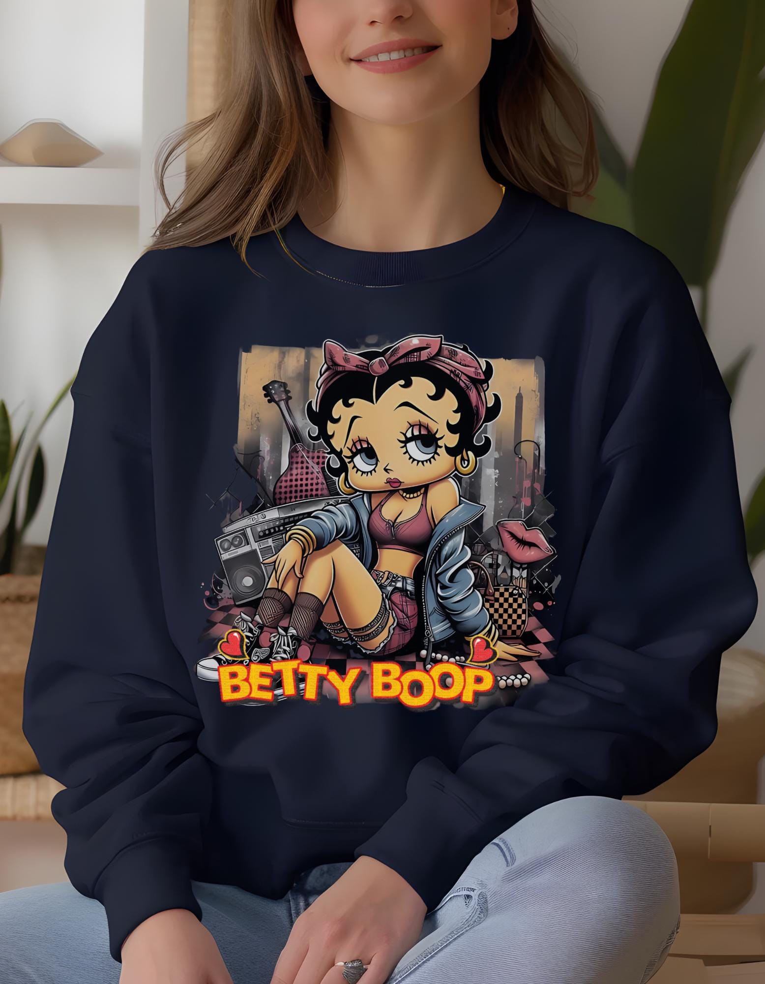 Betty Boop Streetstyle Crewneck Sweatshirt, Urban Design Unisex Pullover Jumper, Retro Cartoon Graphic Top, Casual Fashion Apparel, Gift for