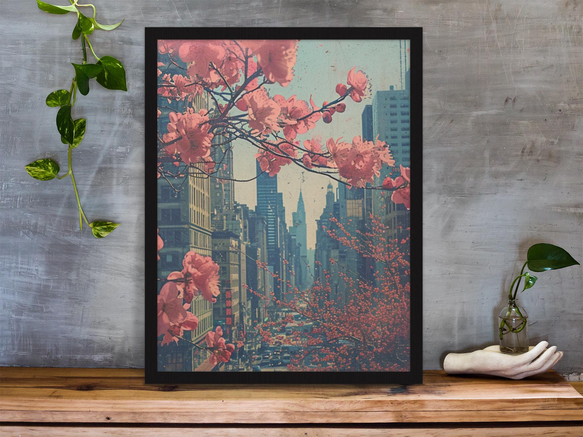 Vertical Framed Poster, Cherry Blossoms in New York City, Zen Art, Japan Art, Bring Flowers, Home Decor Wall Art, Wall Hanging Decoration