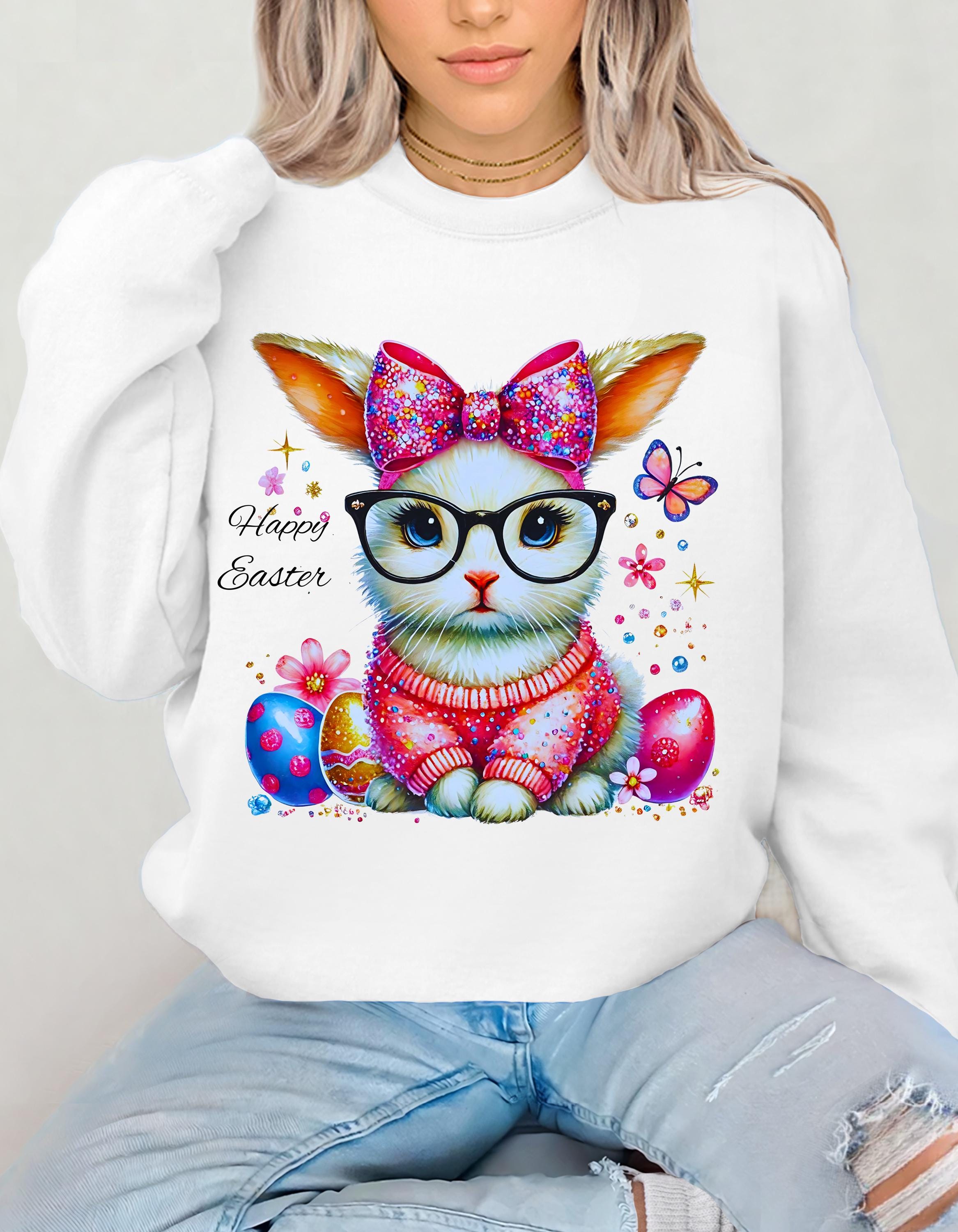 Osterhase Sweatshirt, Lustiger Hasen Brillenpullover, Frühlings-Kokettpullover, Unisex Süßer Hasenpullover, Osterurlaub Crewneck, Hase