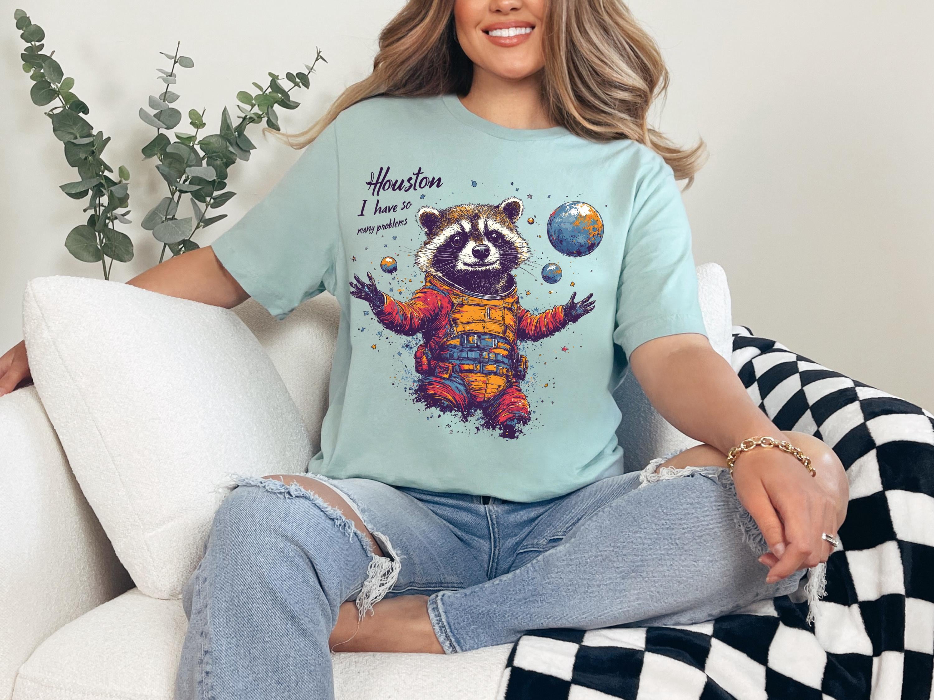 Houston I Have Many Problems Raccoon Tee, Funny Graphic T-Shirt, Unisex Cotton Shirt, Cute Animal Top, Space Humor Gift, Astronomy Lover