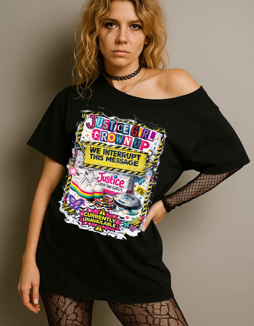 Justice Girl Grown Up – We Interrupt This Message | Y2K Static Protest Tee for Millennial Women