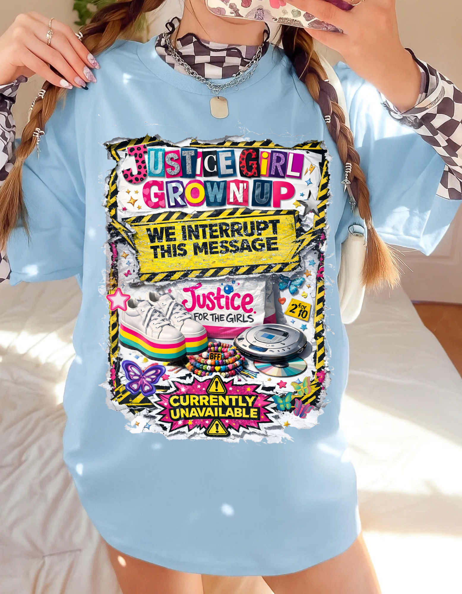 Justice Girl Grown Up – We Interrupt This Message | Y2K Static Protest Tee for Millennial Women