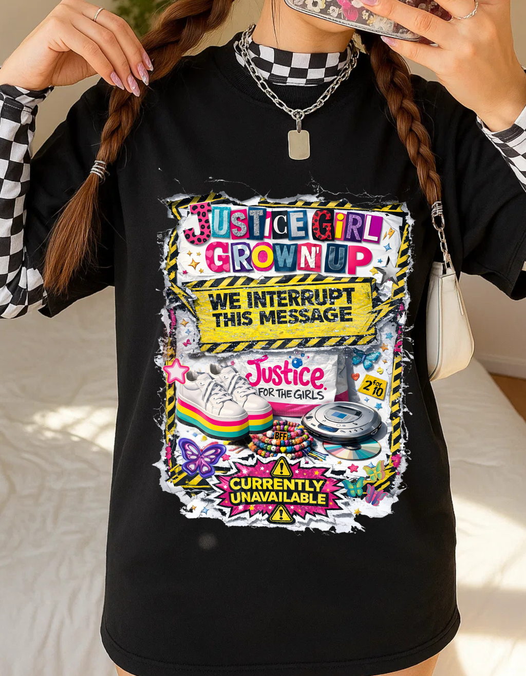 Justice Girl Grown Up – We Interrupt This Message | Y2K Static Protest Tee for Millennial Women