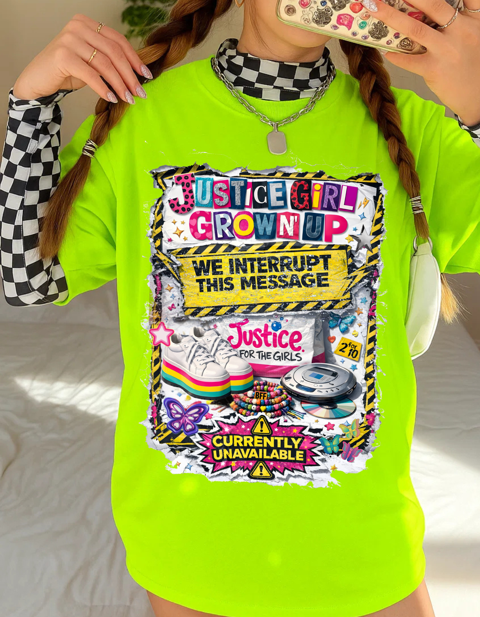 Justice Girl Grown Up – We Interrupt This Message | Y2K Static Protest Tee for Millennial Women