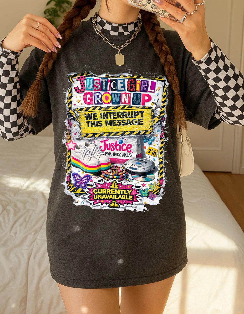Justice Girl Grown Up – We Interrupt This Message | Y2K Static Protest Tee for Millennial Women