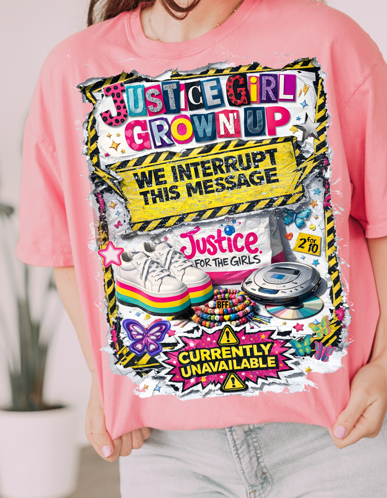 Justice Girl Grown Up – We Interrupt This Message | Y2K Static Protest Tee for Millennial Women