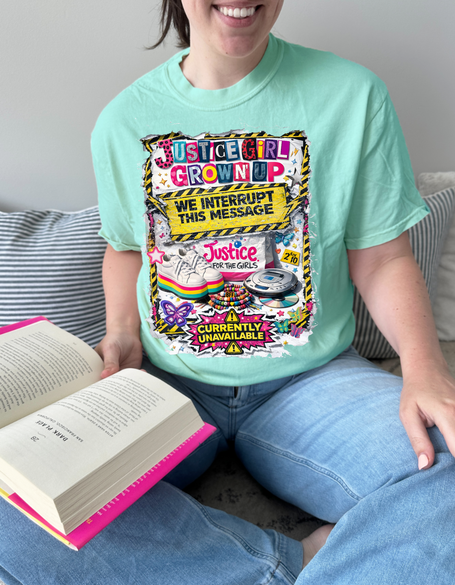 Justice Girl Grown Up – We Interrupt This Message | Y2K Static Protest Tee for Millennial Women