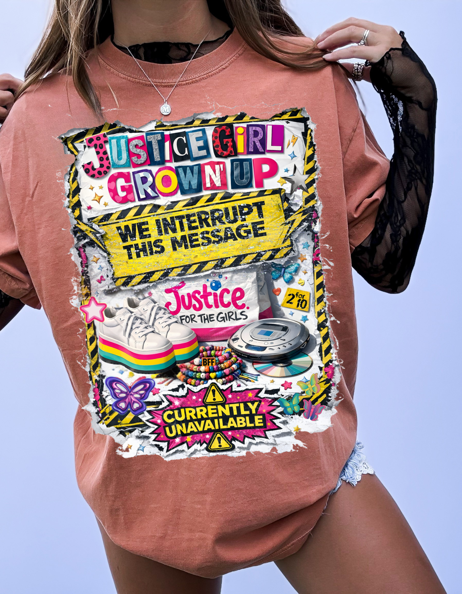 Justice Girl Grown Up – We Interrupt This Message | Y2K Static Protest Tee for Millennial Women