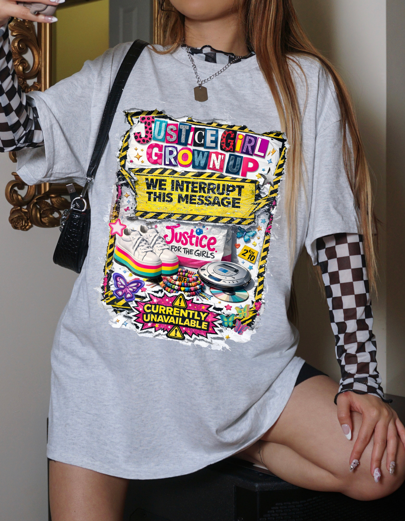 Justice Girl Grown Up – We Interrupt This Message | Y2K Static Protest Tee for Millennial Women