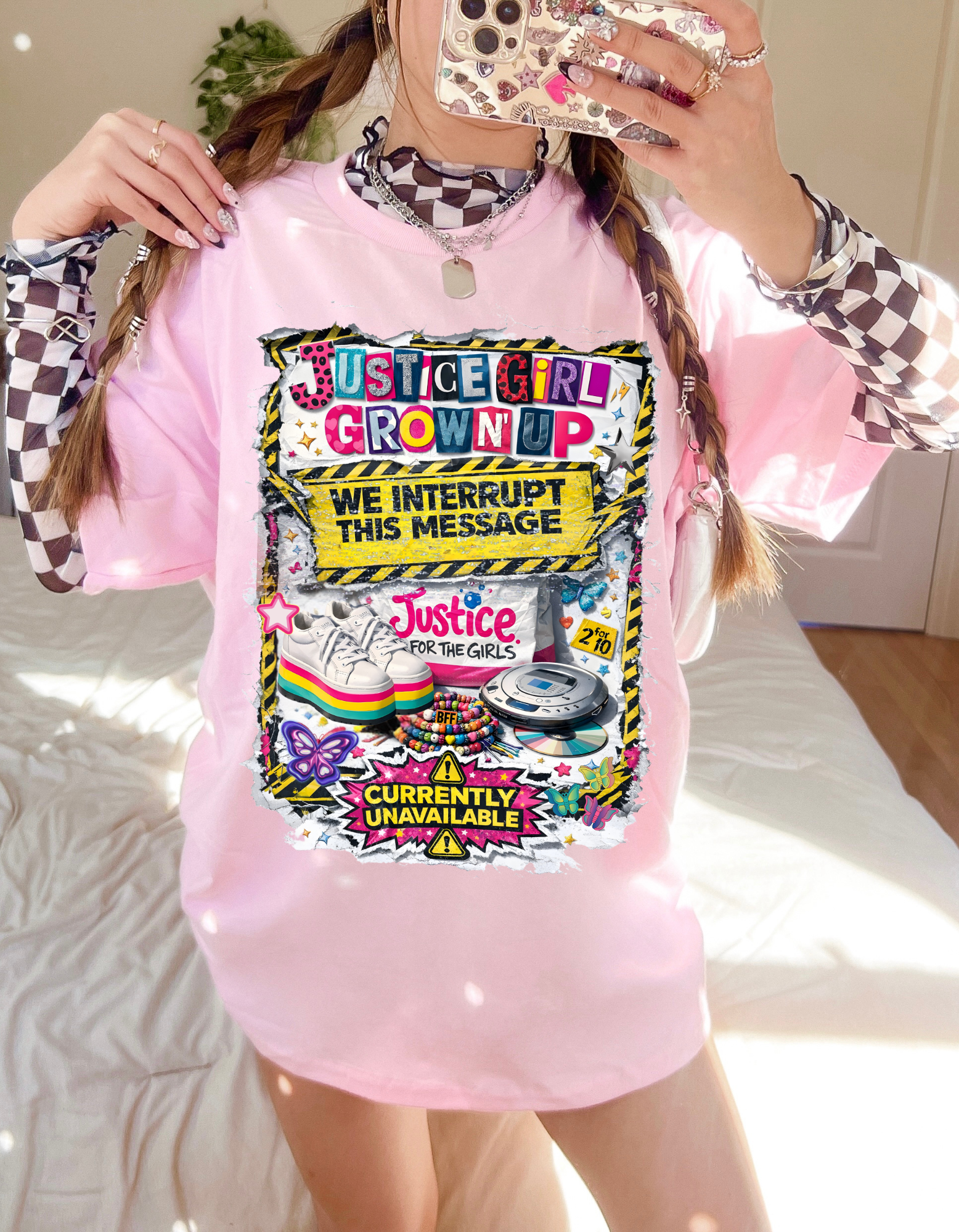 Justice Girl Grown Up – We Interrupt This Message | Y2K Static Protest Tee for Millennial Women