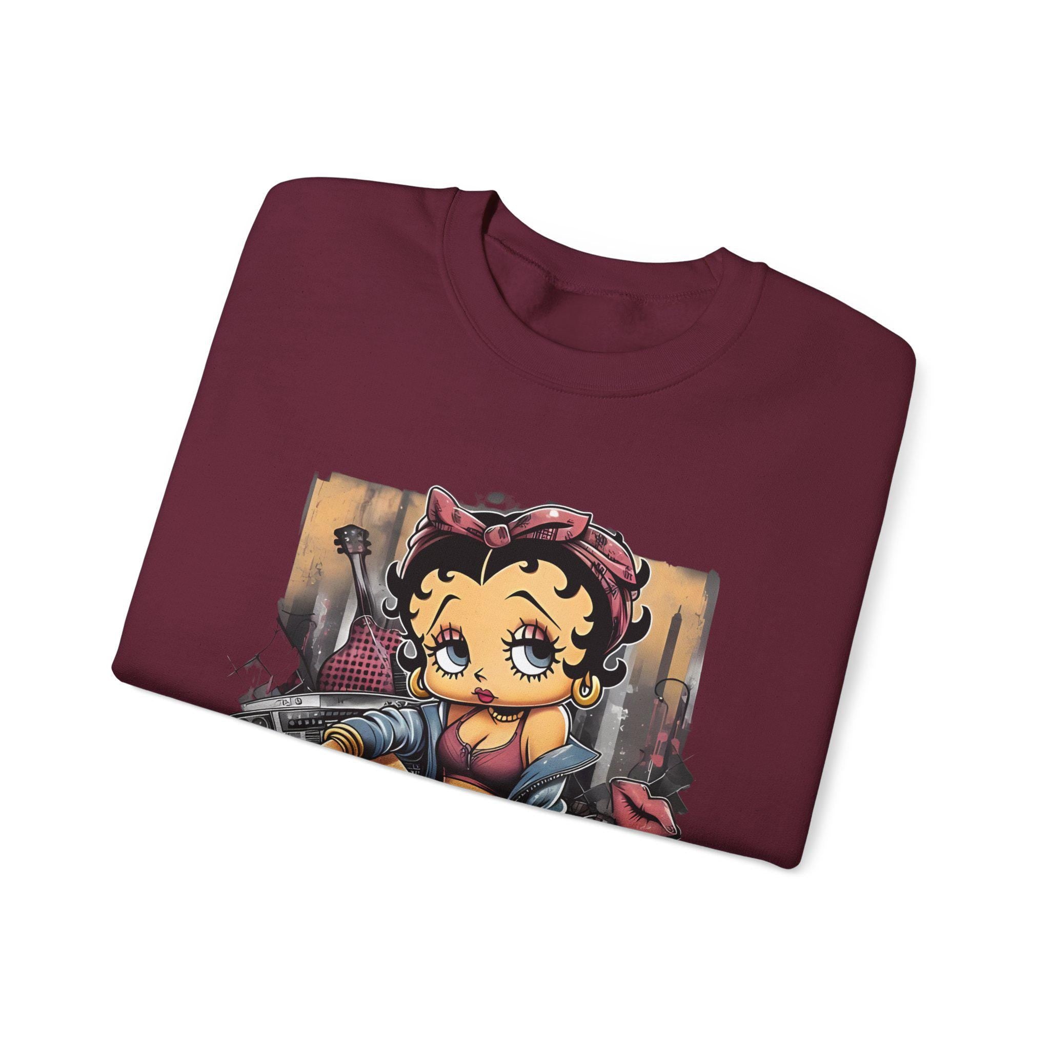 Betty Boop Streetstyle Crewneck Sweatshirt, Urban Design Unisex Pullover Pullover, Retro Cartoon Grafik Top, Casual Fashion Apparel, Geschenk für