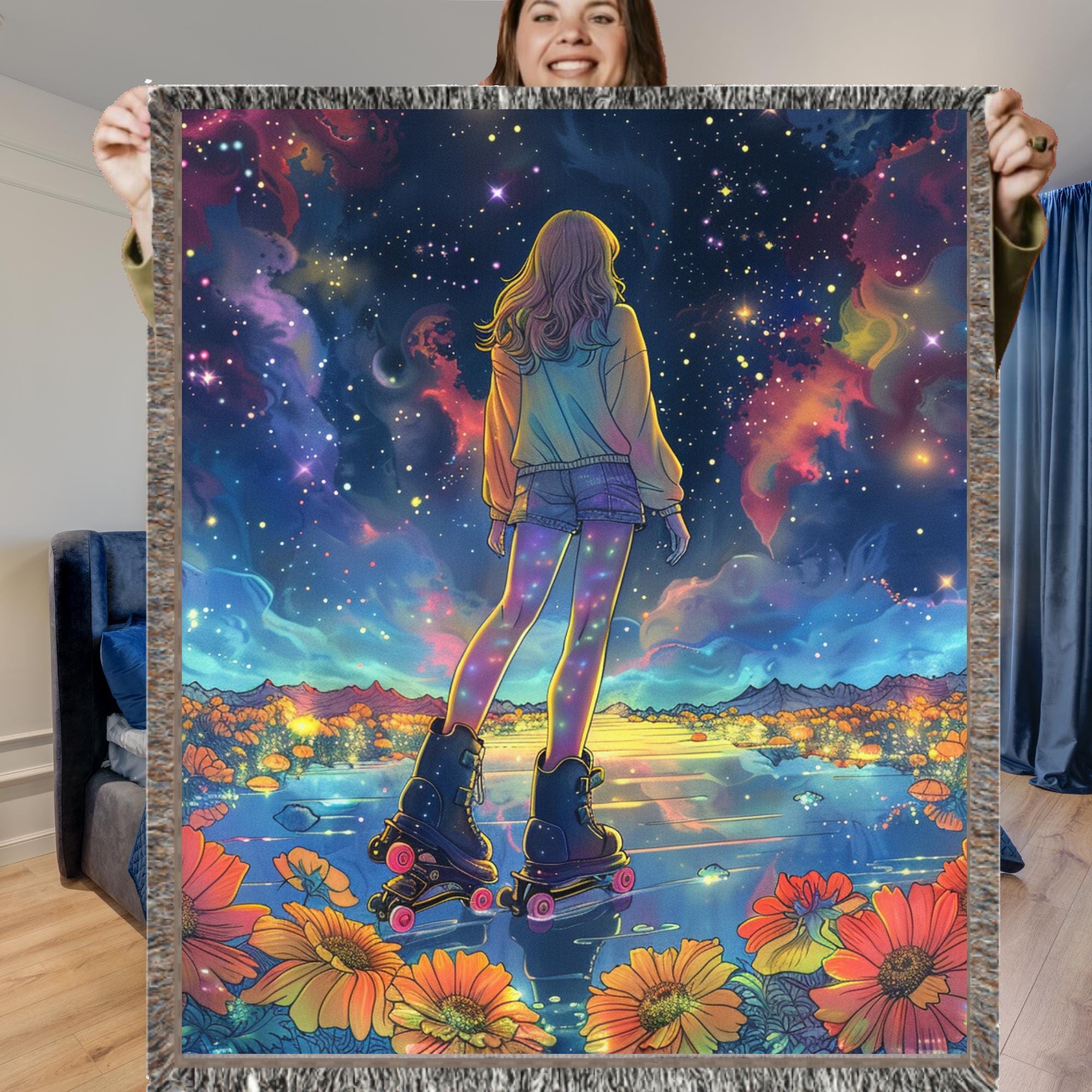 Cosmic Roller Skating Woven Blanket - Celestial Galaxy Throw, Space Theme Bedding, Astronomy Home Decor, Starry Night Couch Blanket,