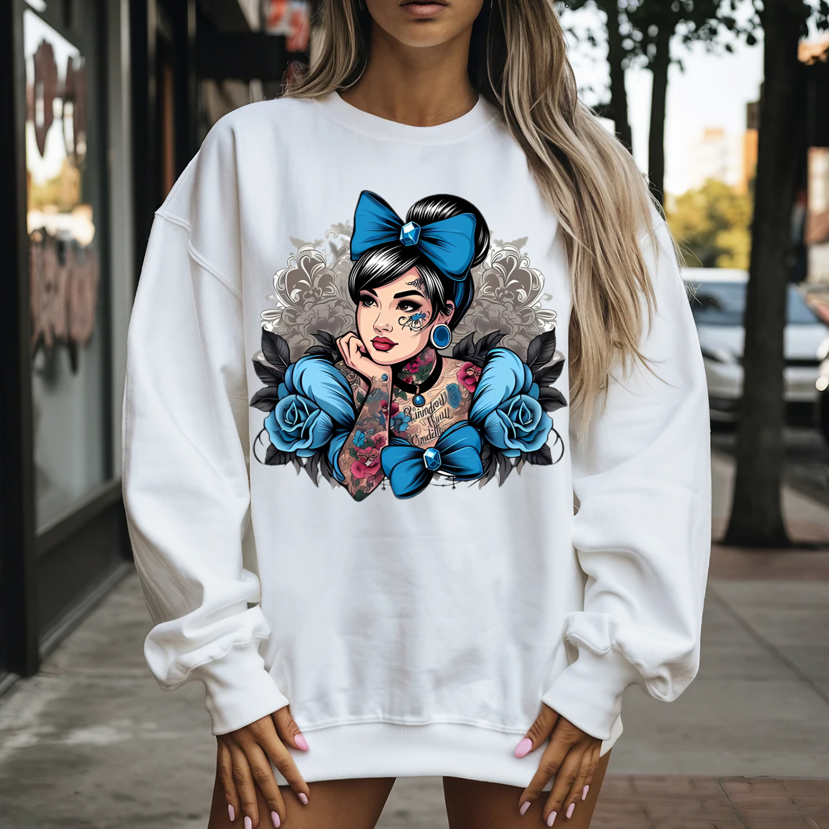 Tätowiertes Chinoseri Girl Crewneck Sweatshirt, Edgy Fashion, Casual Wear, Geschenk für Sie, Vintage Style, Streetwear Outfit