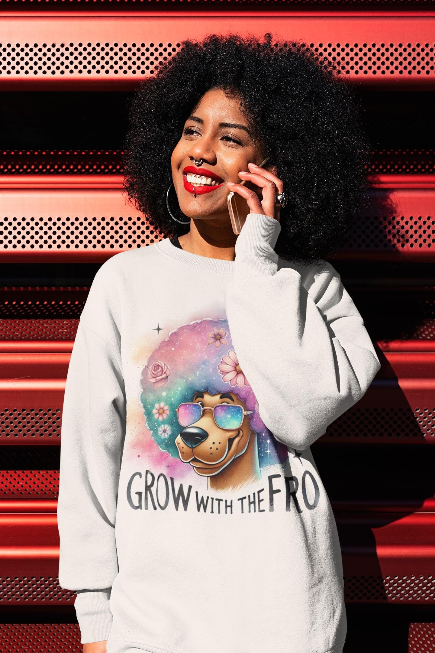 Schwarzes Haar-Wertschätzungs-Unisex-Sweatshirt, Grow with the Fro, Great Dane Hippie Hundeshirt, Gemütlicher Pullover, Crewneck-Pullover, Winterkleidung