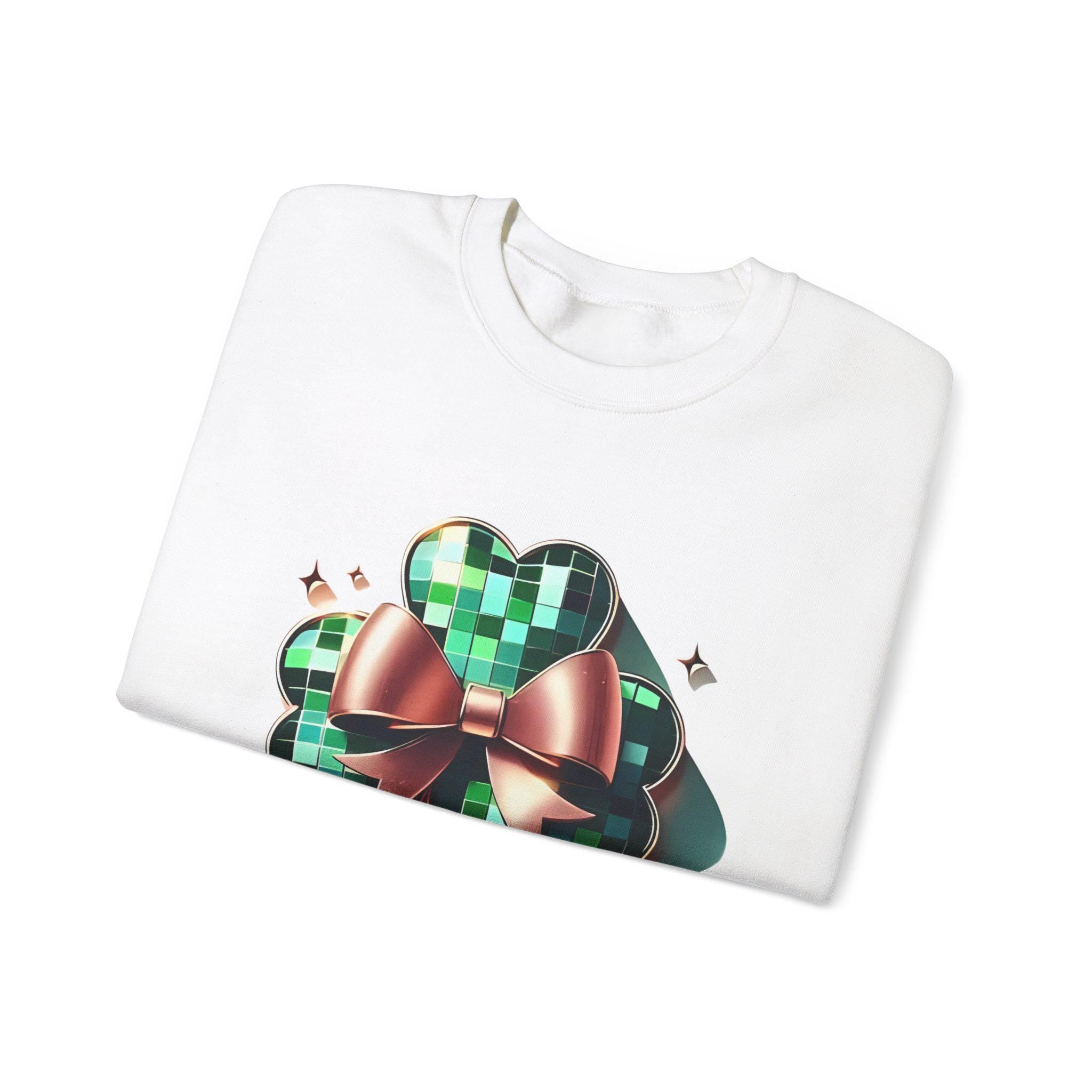 St Patrick's Day Sweatshirt, Disco Shamrock Coquette Bow, Clover Mirror Ball, Trendy Sublimation, Unisex Crewneck, Gift for Him/Her